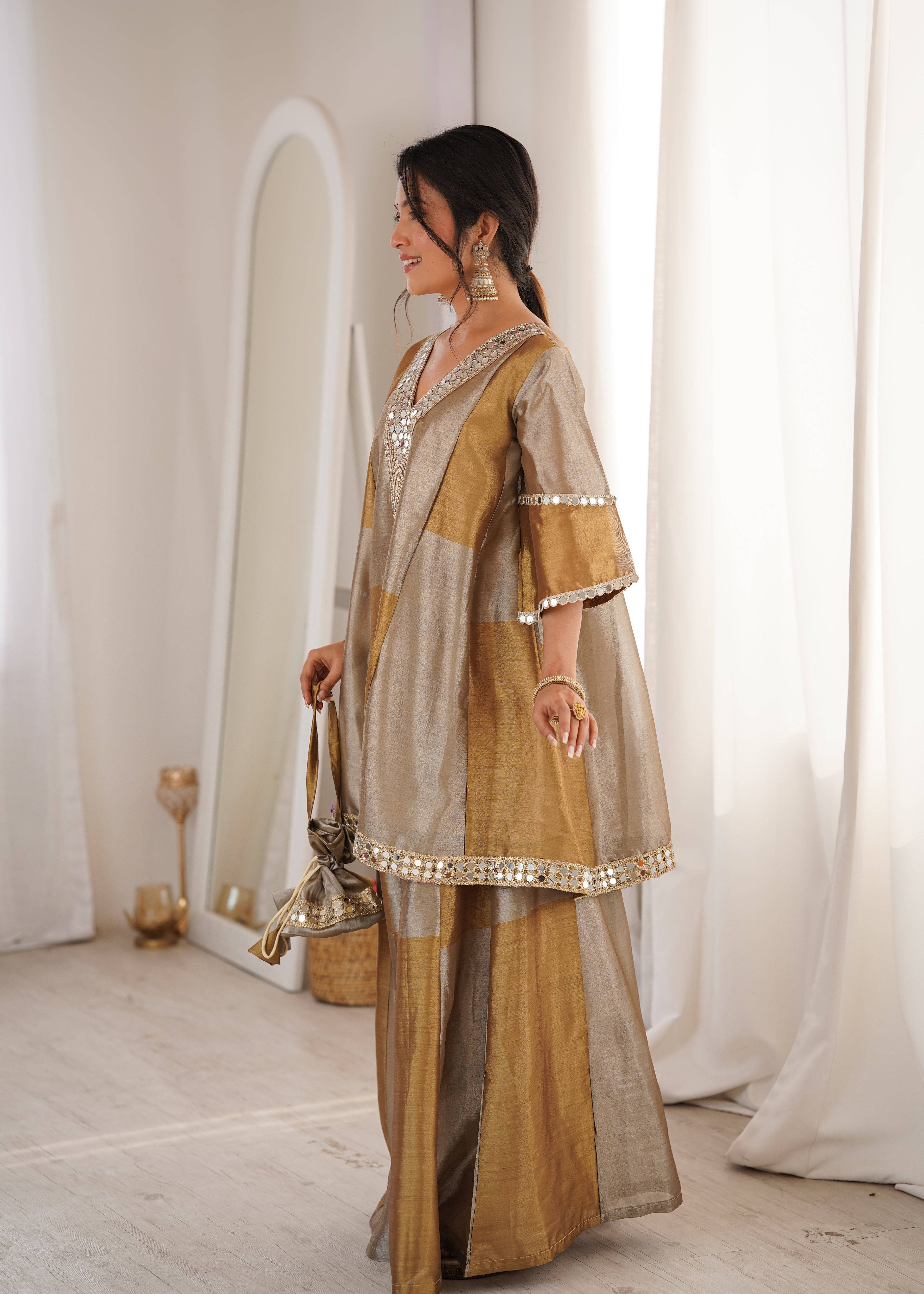 Tissue Mirror Work Kurti-Palazzo With Batwa