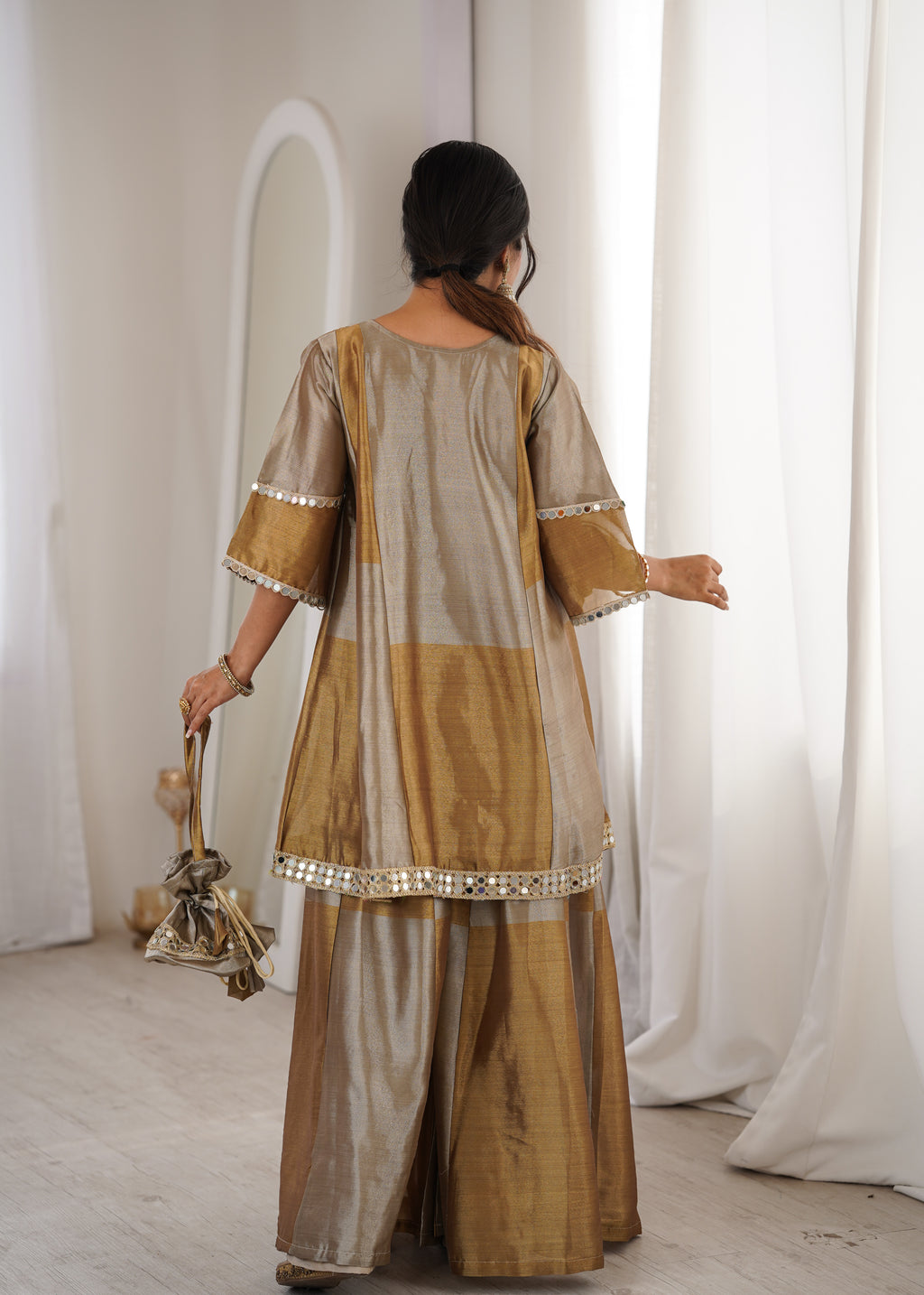 Tissue Mirror Work Kurti-Palazzo With Batwa