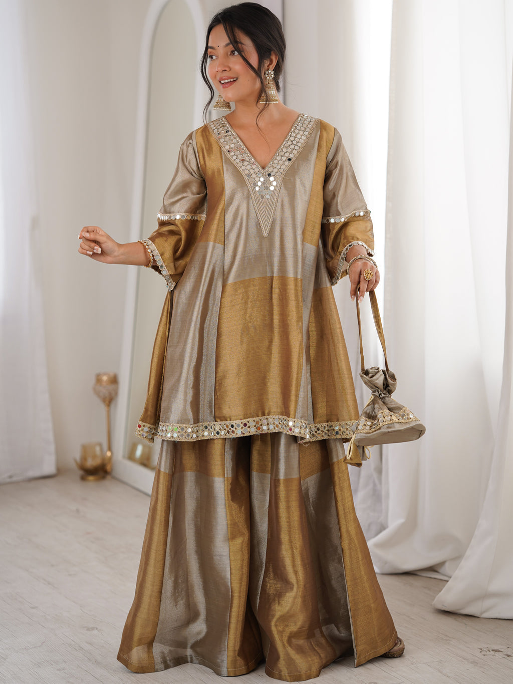 Tissue Mirror Work Kurti-Palazzo With Batwa