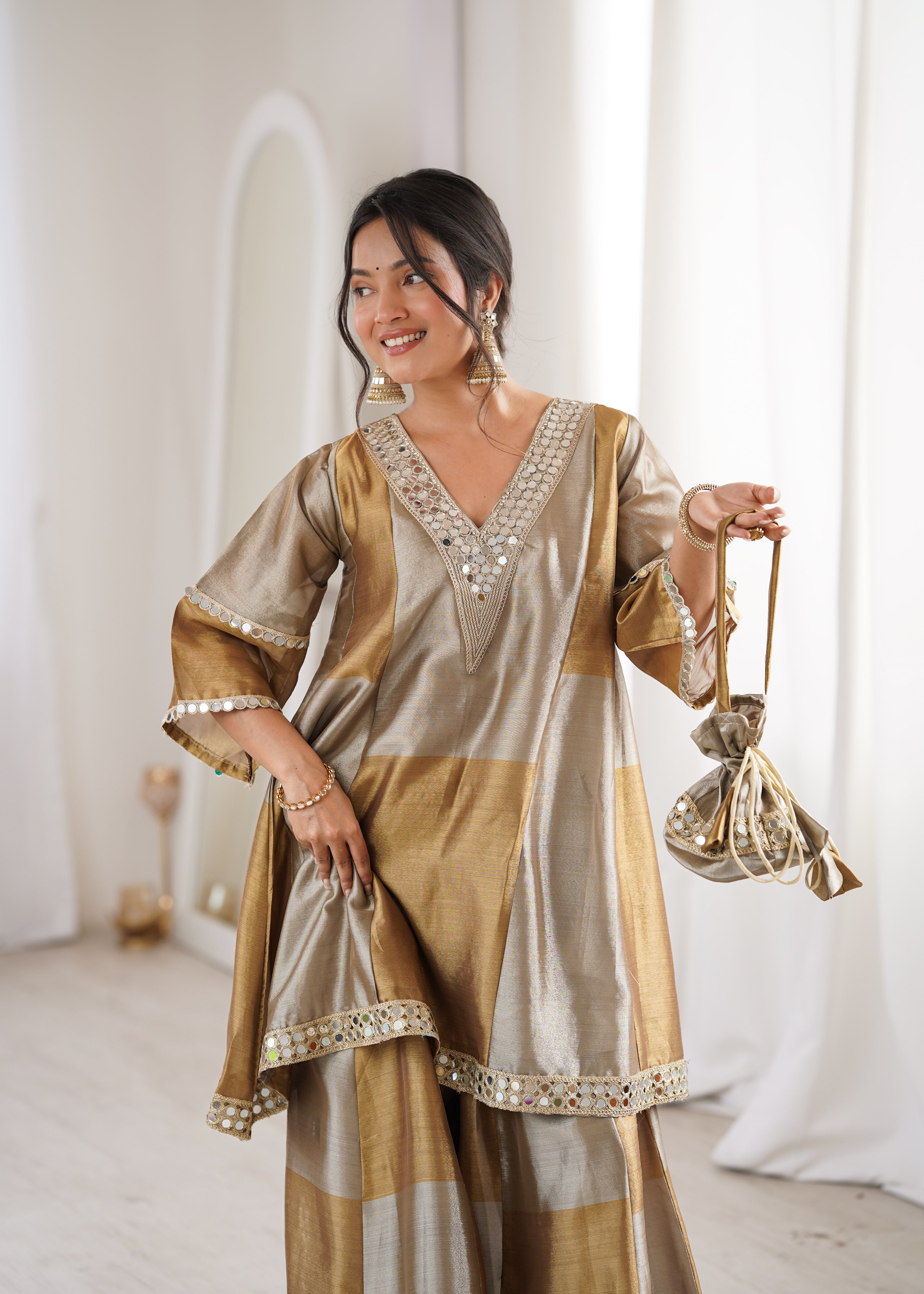 Tissue Mirror Work Kurti-Palazzo With Batwa