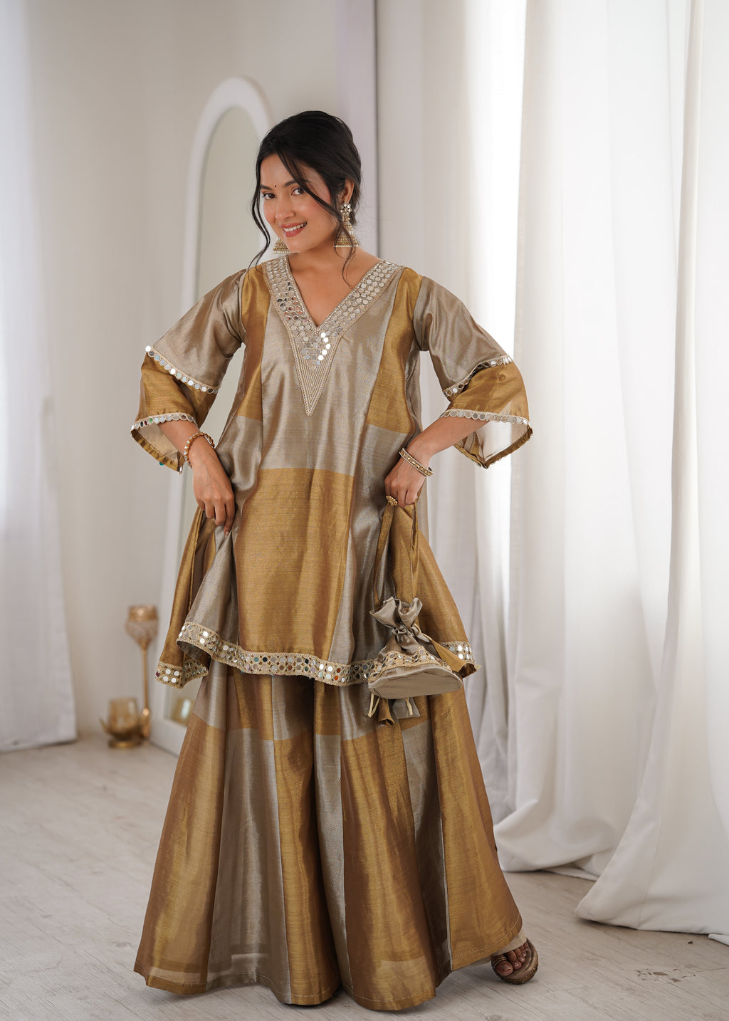 Tissue Mirror Work Kurti-Palazzo With Batwa