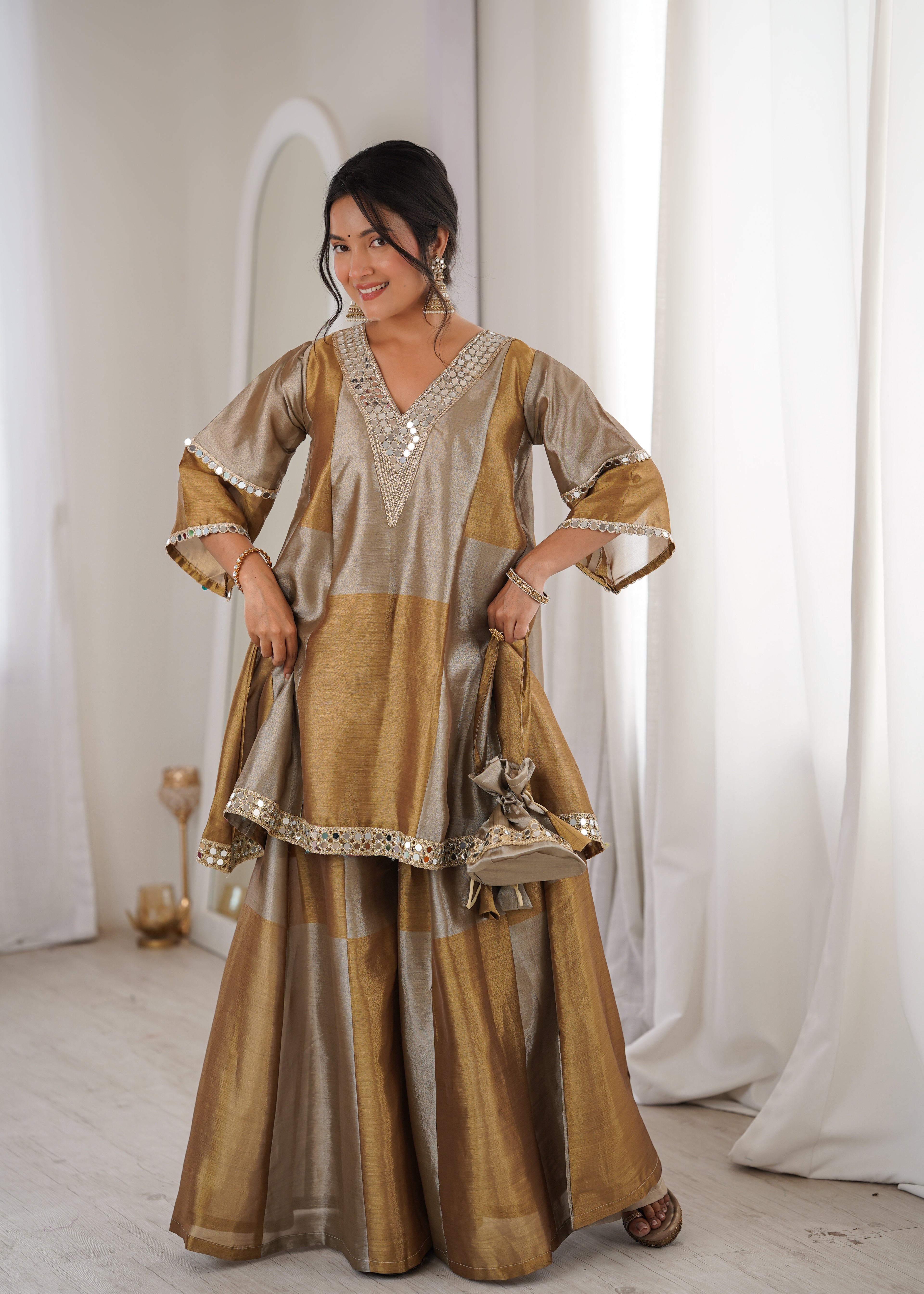Tissue Mirror Work Kurti-Palazzo With Batwa