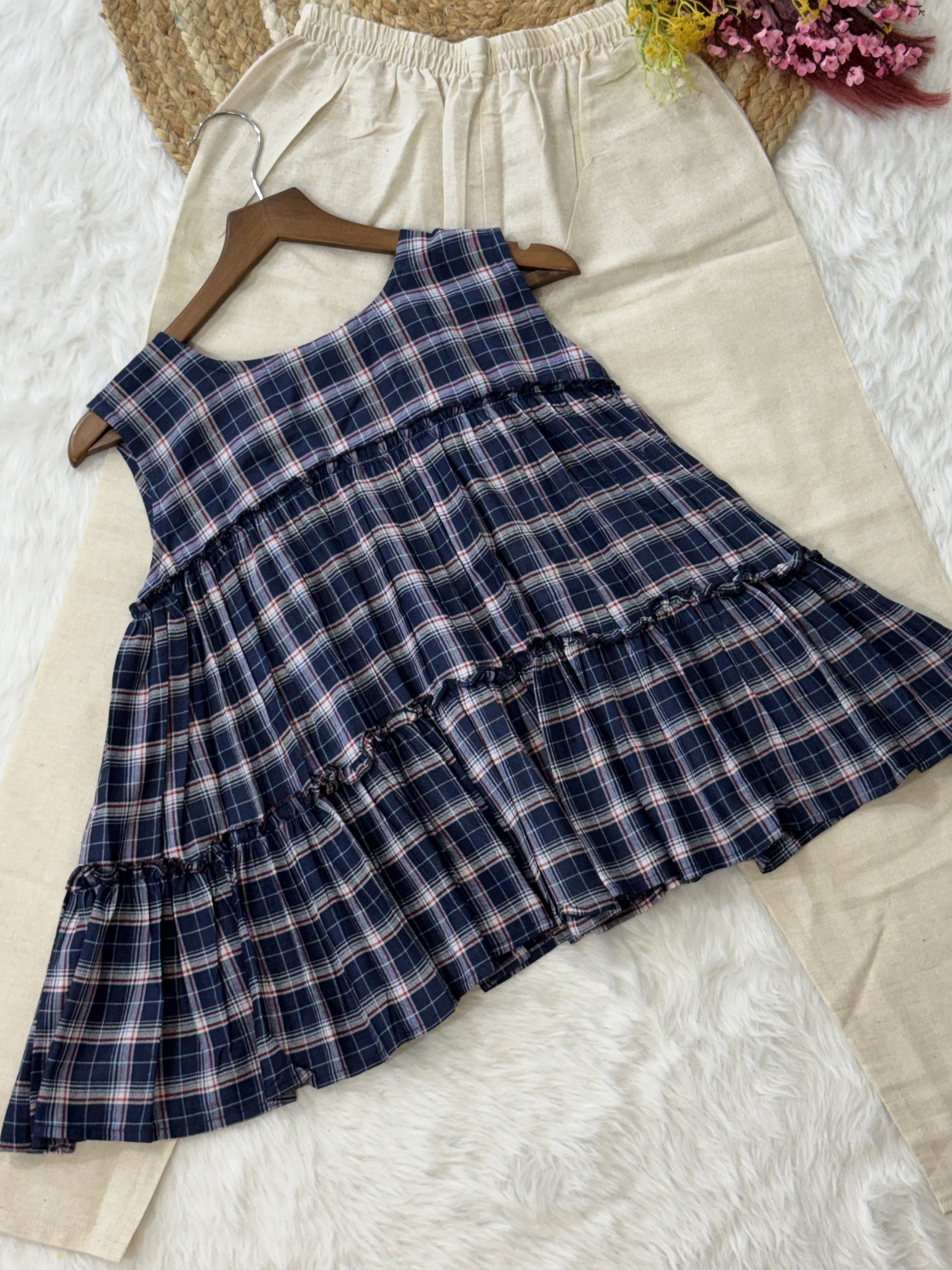 Linen Cotton Chex Top-bottom Set