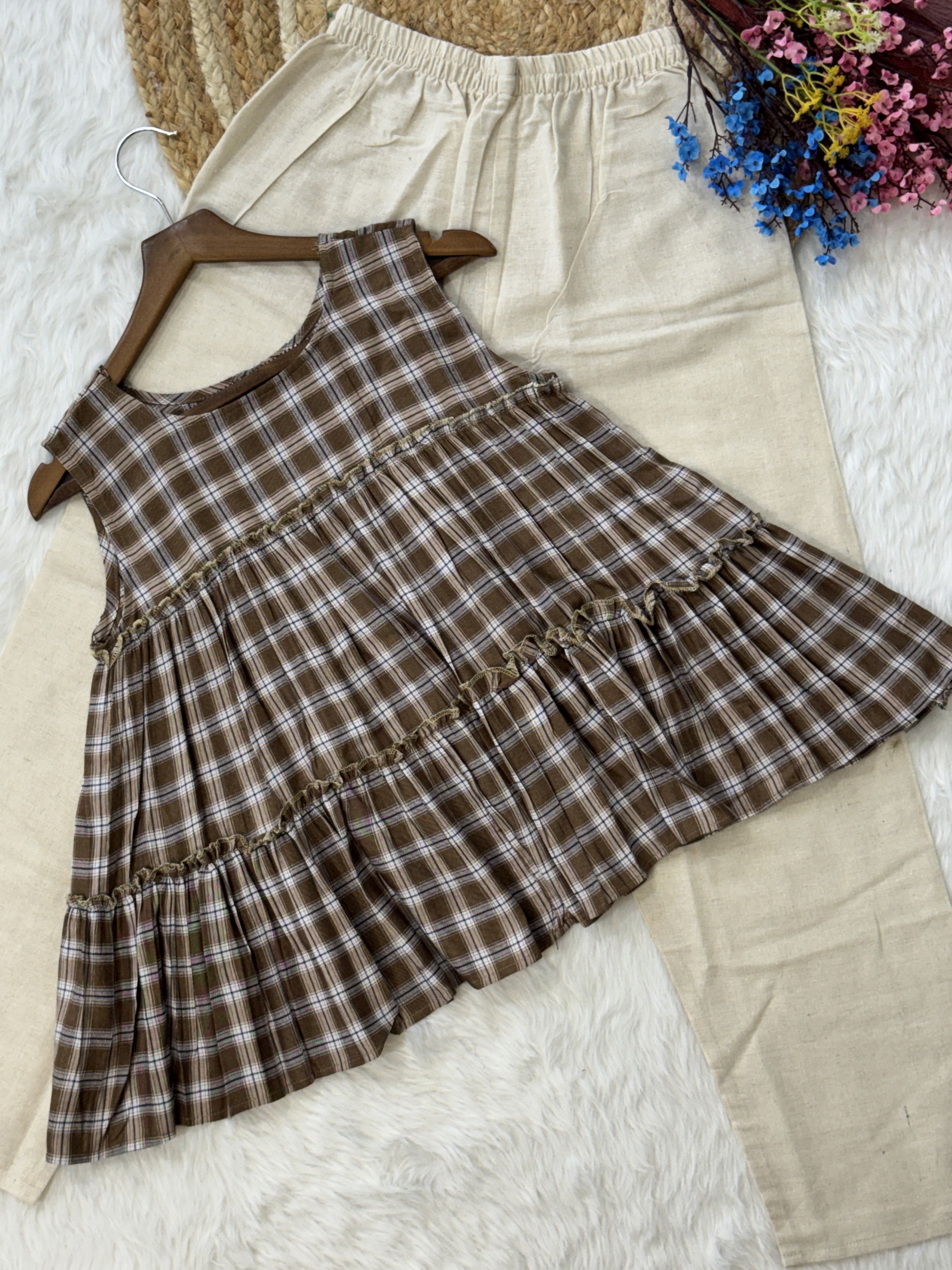 Linen Cotton Chex Top-bottom Set