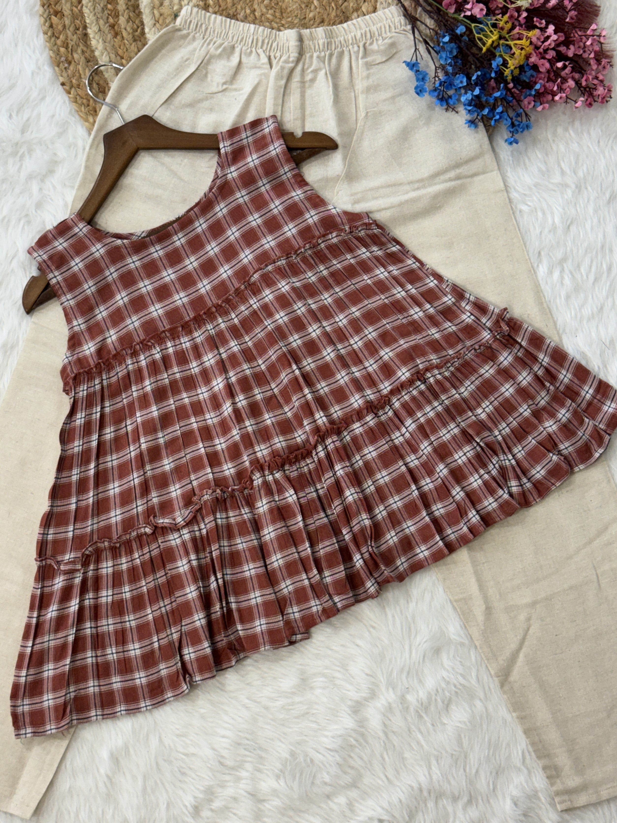 Linen Cotton Chex Top-bottom Set