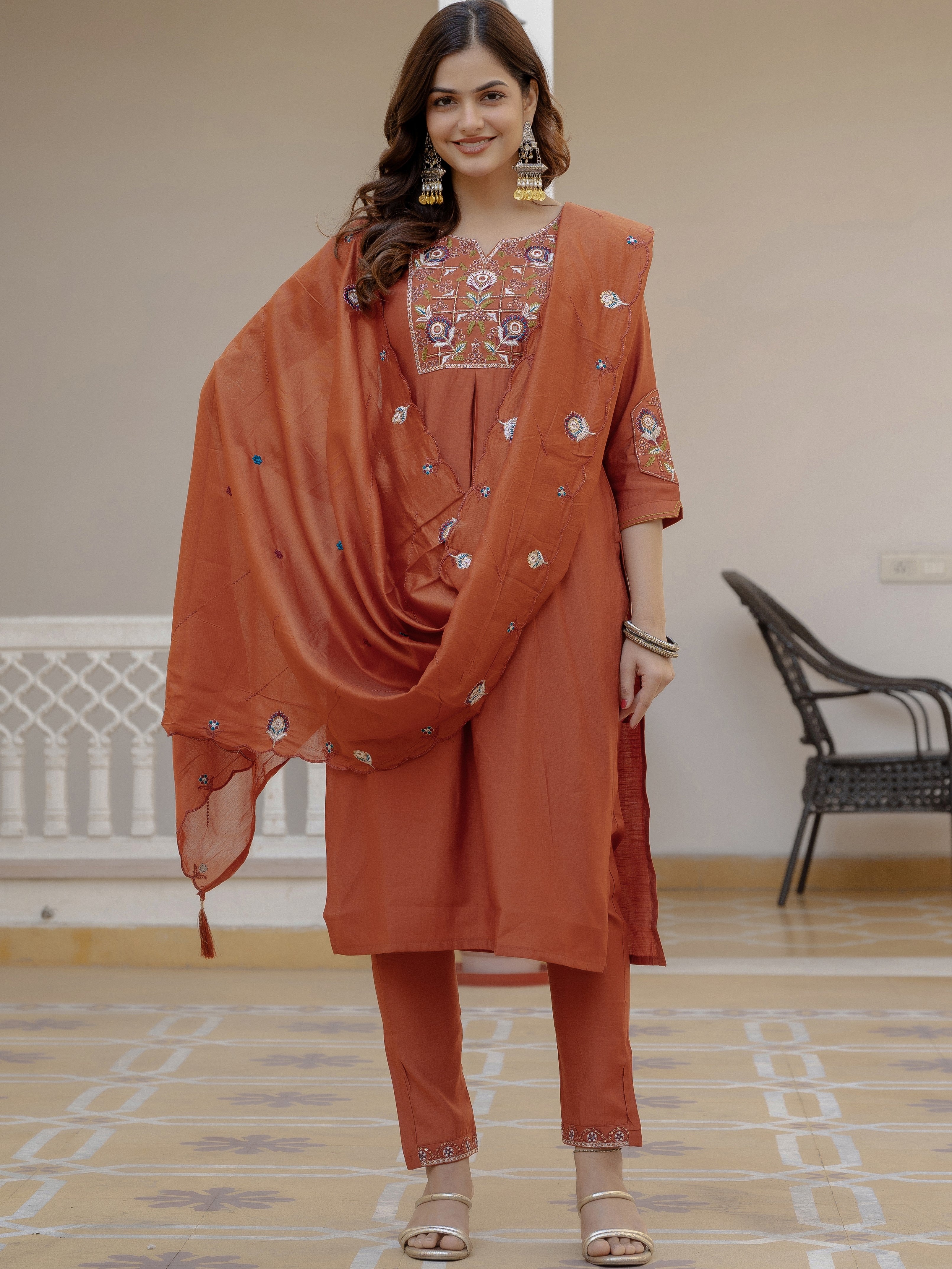 Pure Viscose Multi Embroidered kurti-Pant With Dupatta