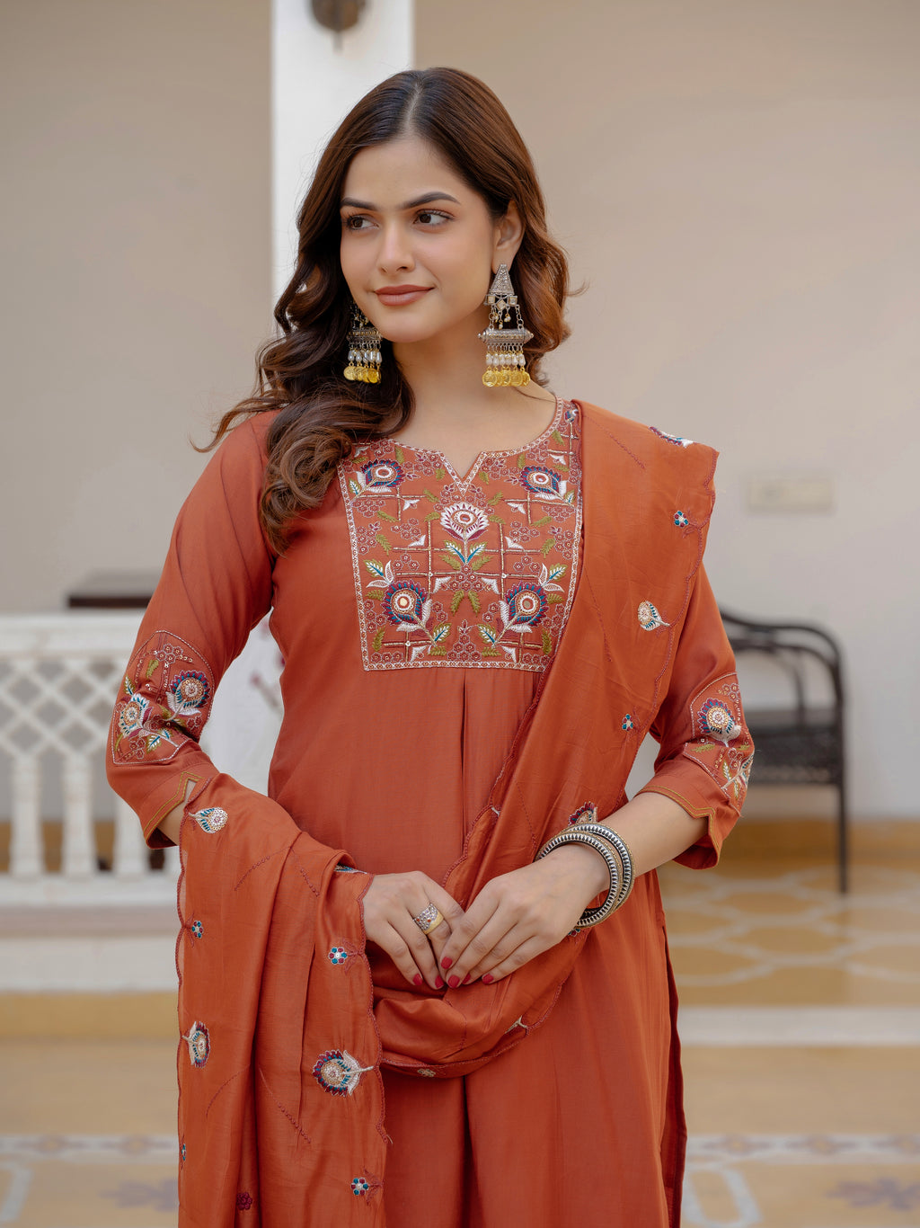 Pure Viscose Multi Embroidered kurti-Pant With Dupatta