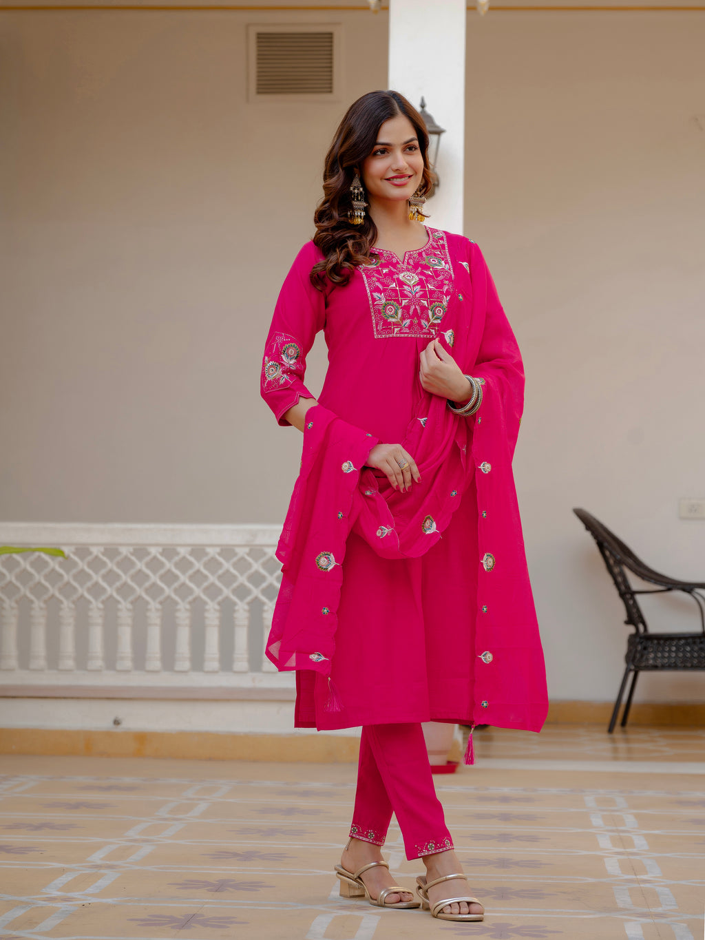 Pure Viscose Multi Embroidered kurti-Pant With Dupatta