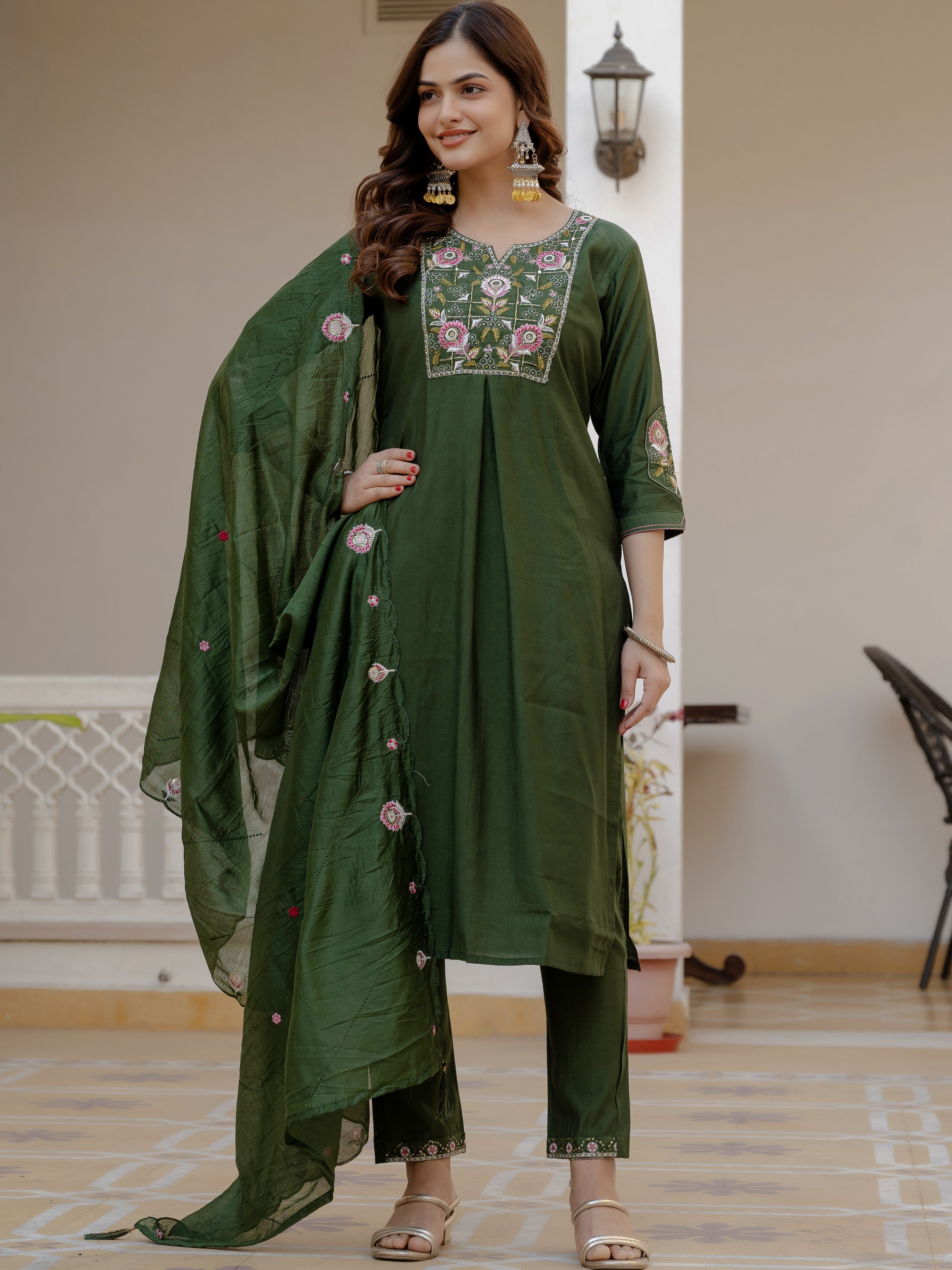 Pure Viscose Multi Embroidered kurti-Pant With Dupatta