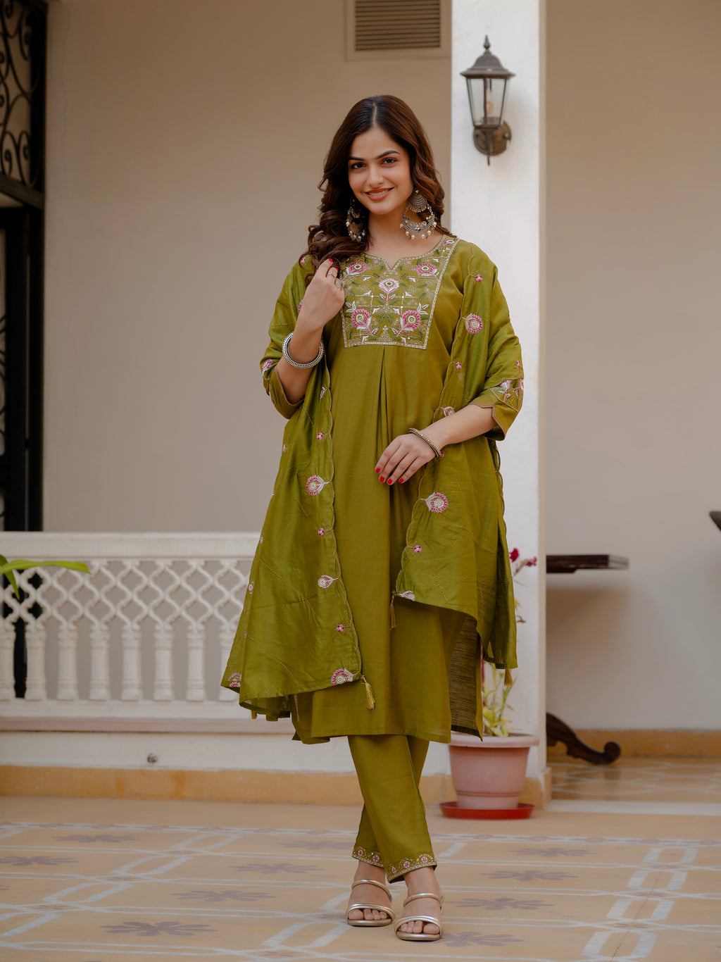 Pure Viscose Multi Embroidered kurti-Pant With Dupatta