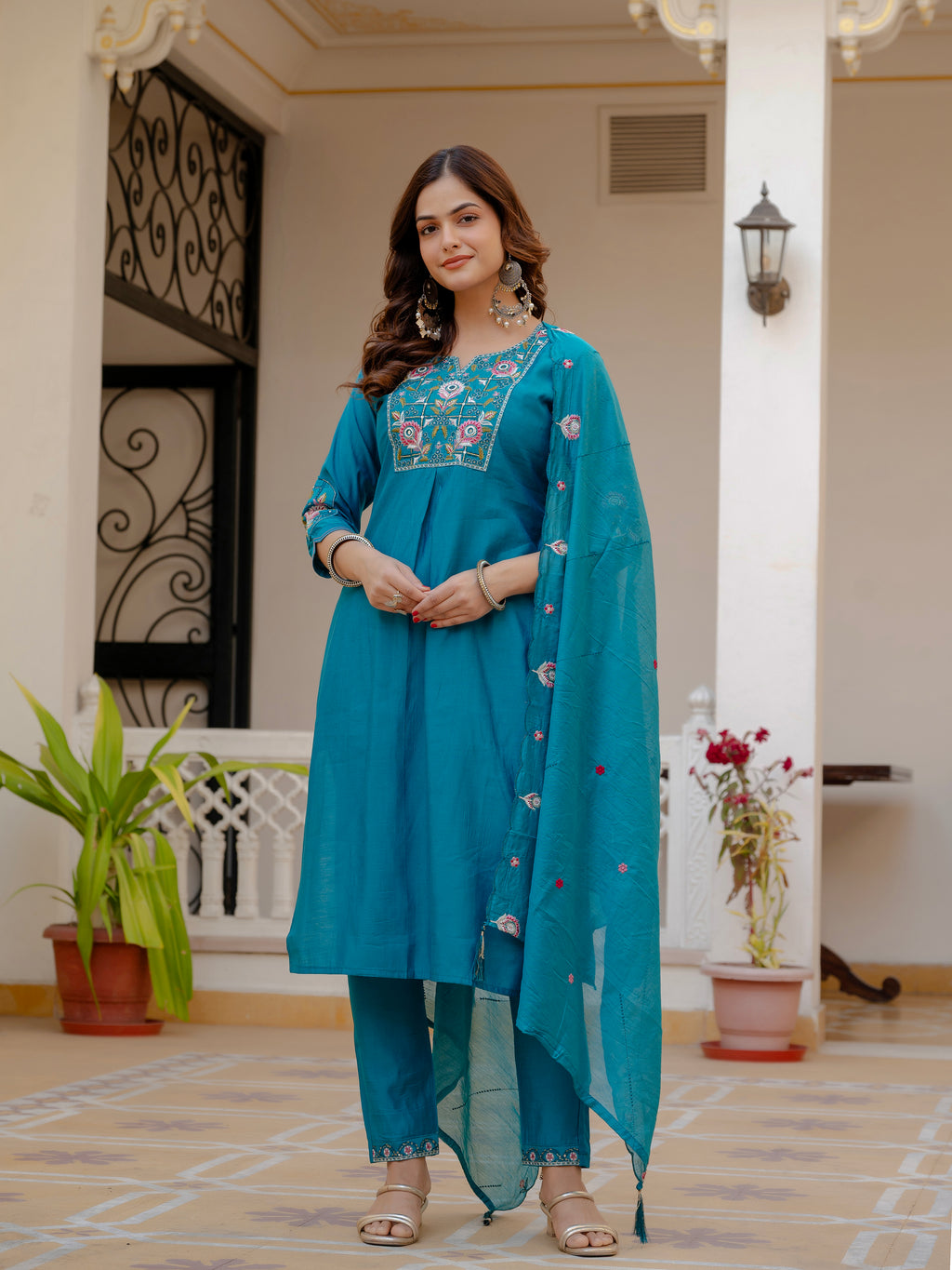 Pure Viscose Multi Embroidered kurti-Pant With Dupatta
