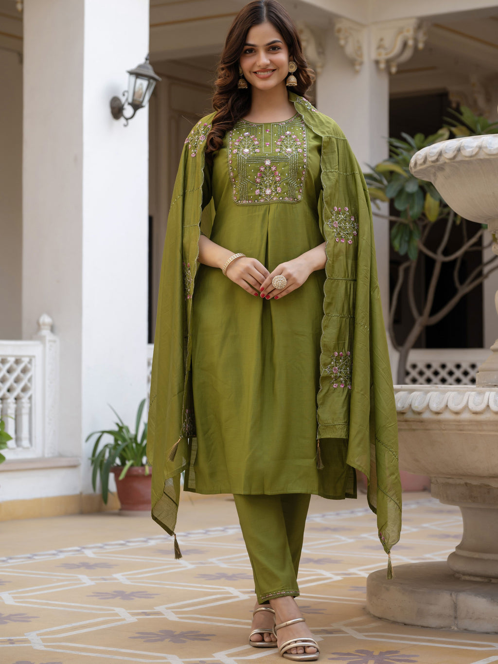 Pure Viscose Multi Embroidered kurti-Pant With Dupatta