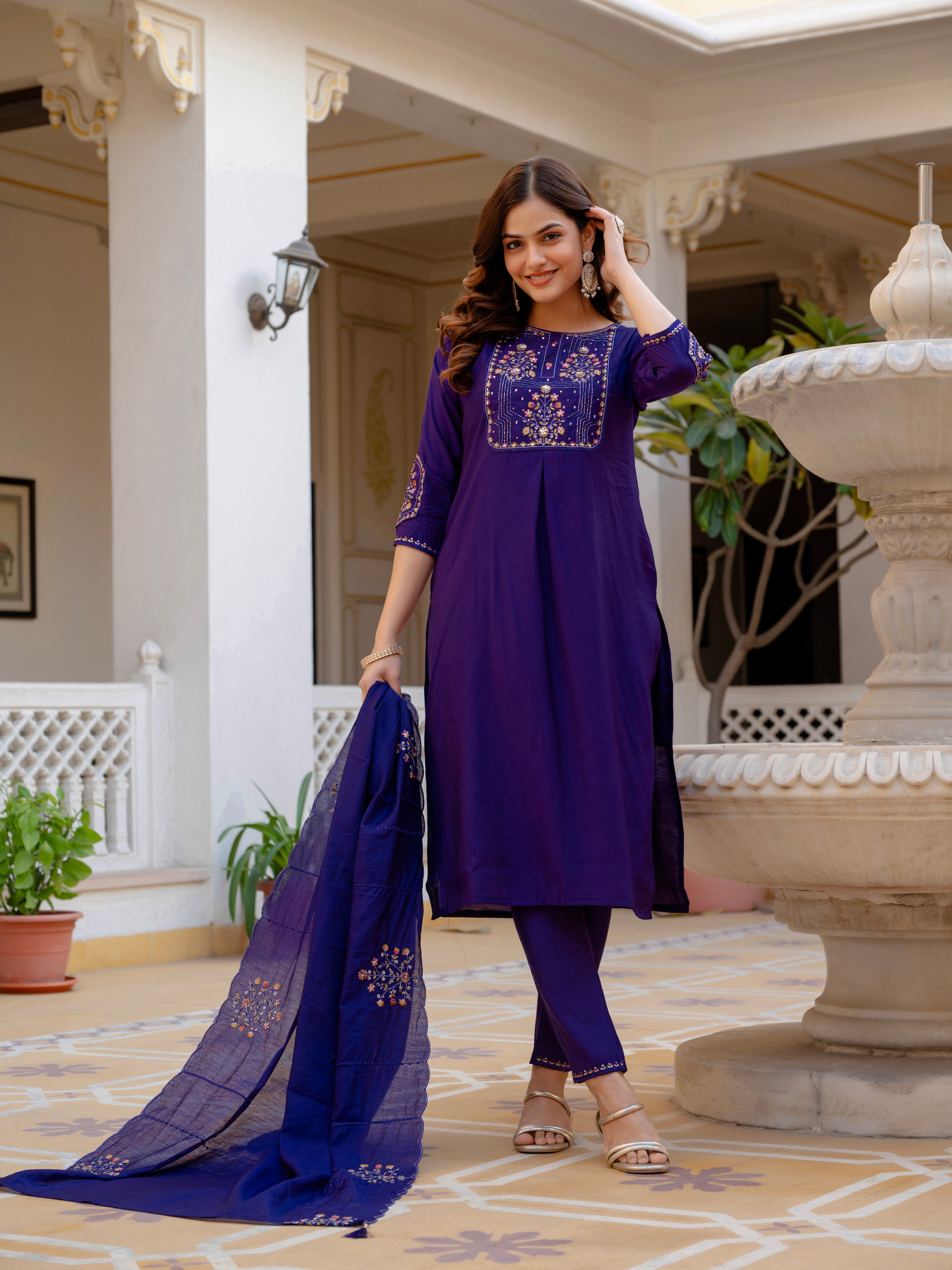 Pure Viscose Multi Embroidered kurti-Pant With Dupatta