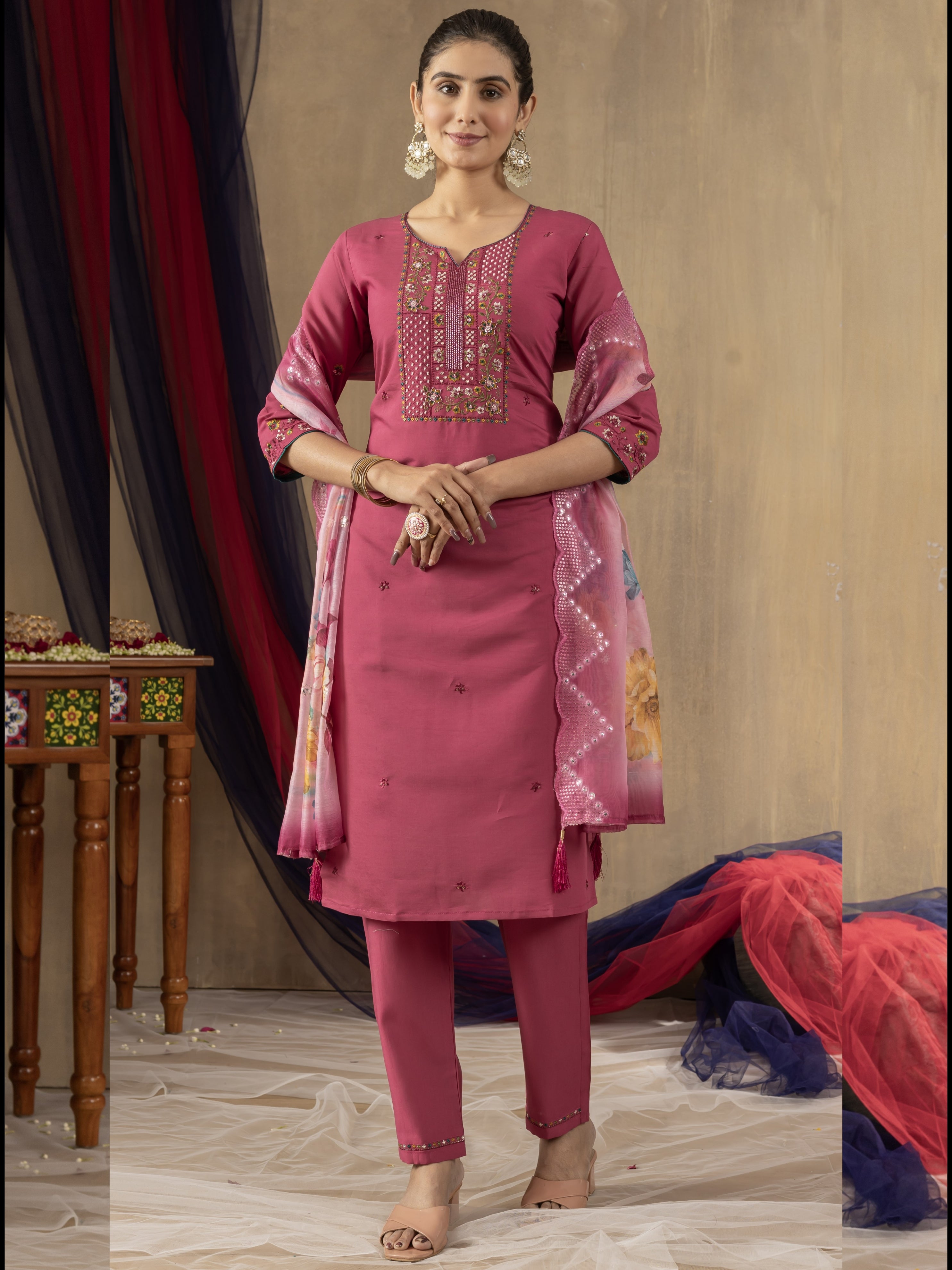 Roman Silk Top Bottom Set For Women