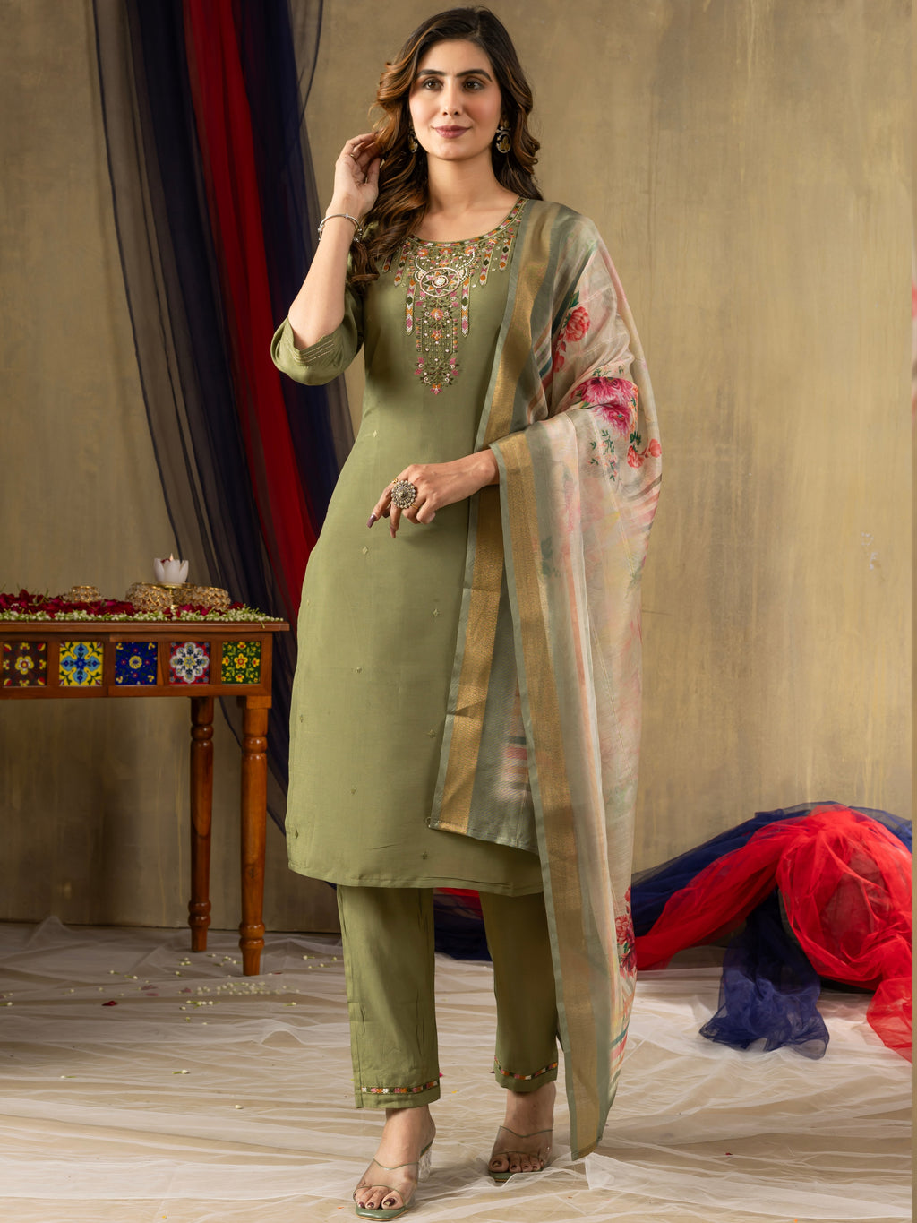 Gold Silk Top Bottom Set For Women