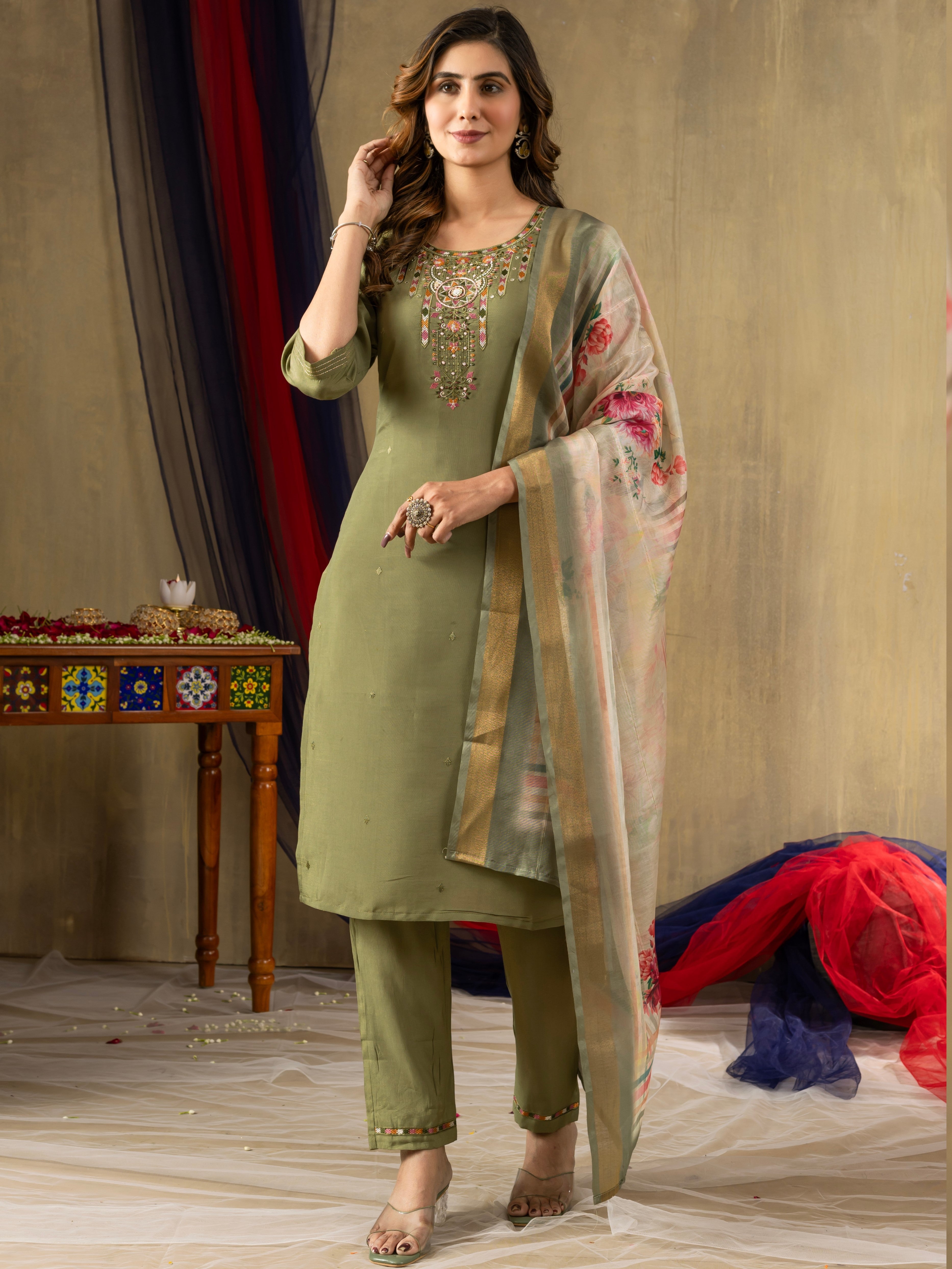 Gold Silk Top Bottom Set For Women