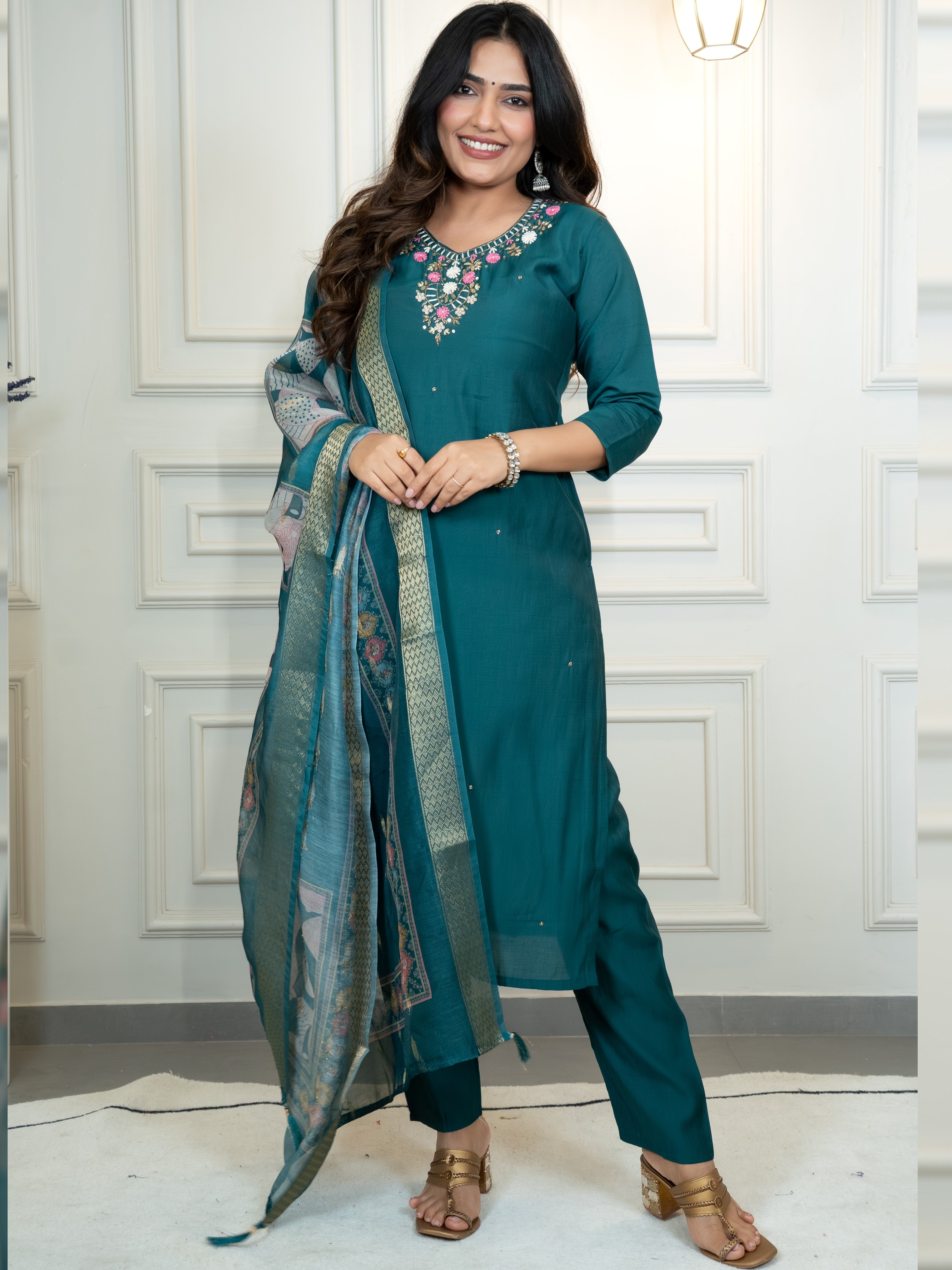 Roman Silk Top Bottom Set For Women