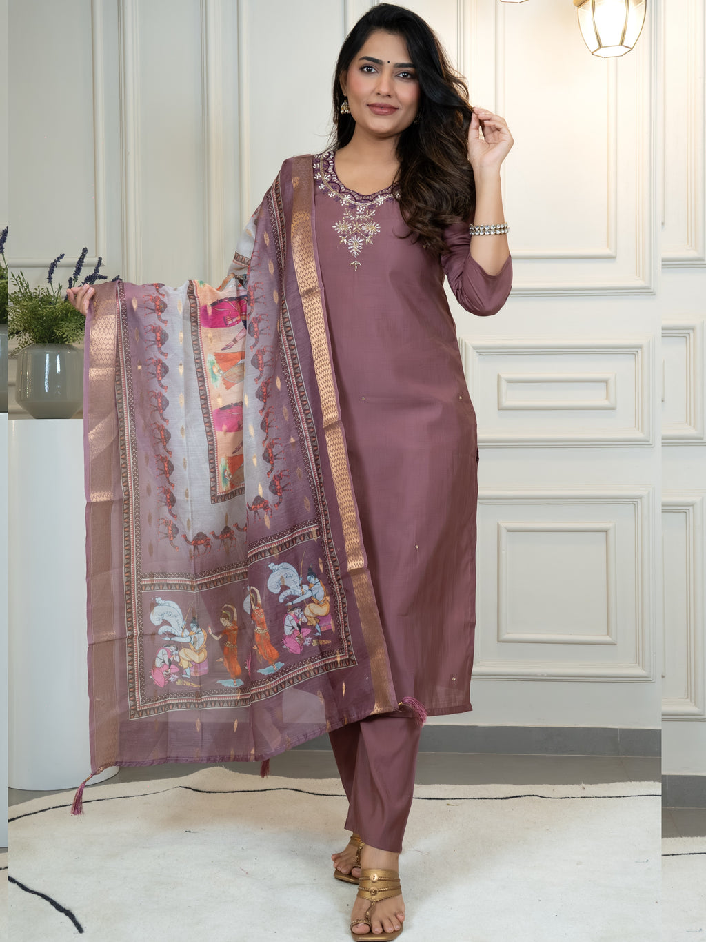 Roman Silk Embroidered Top Bottom Set For Women