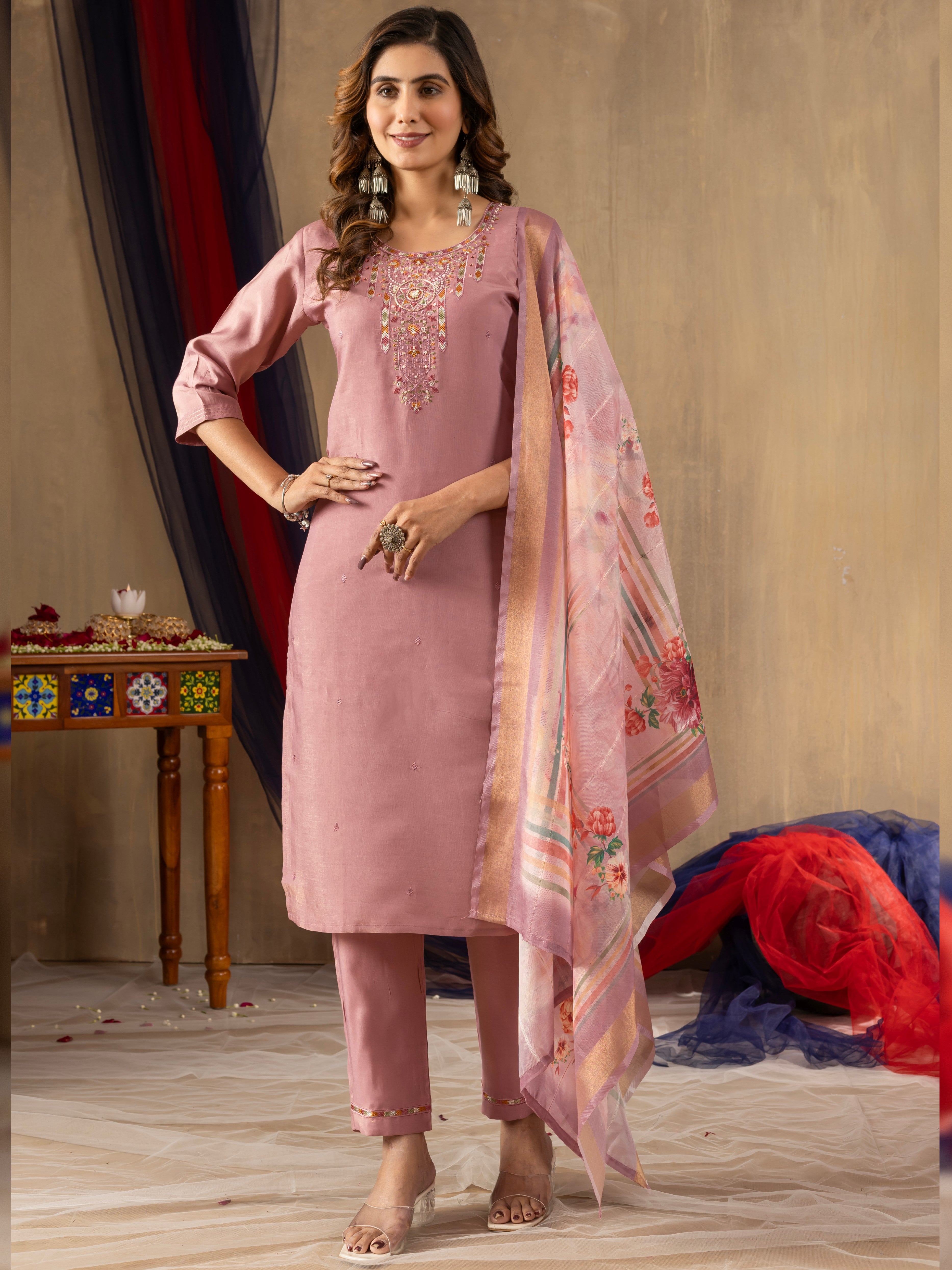 Gold Silk Top Bottom Set For Women