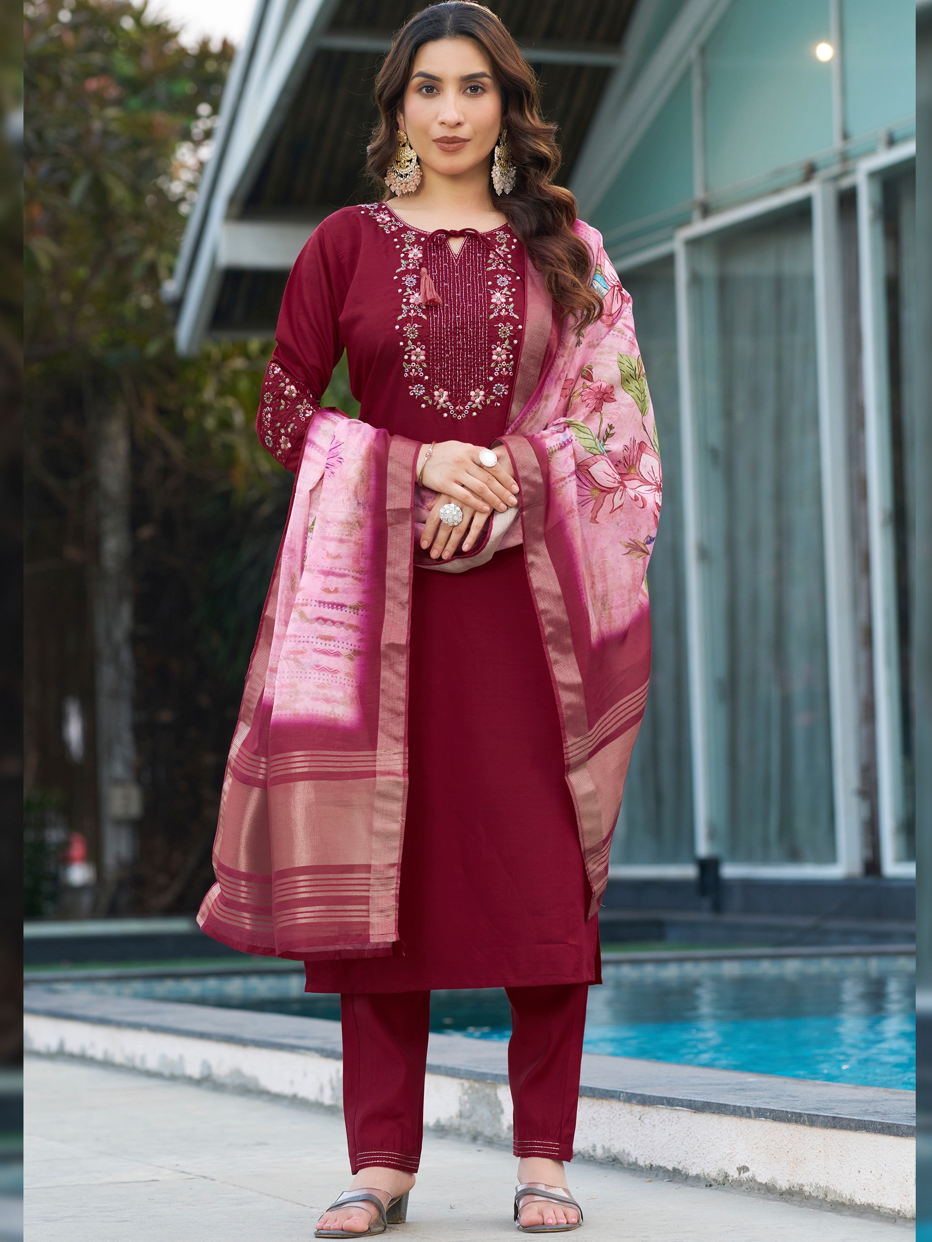 Viscose Silk Top Bottom Set For Women