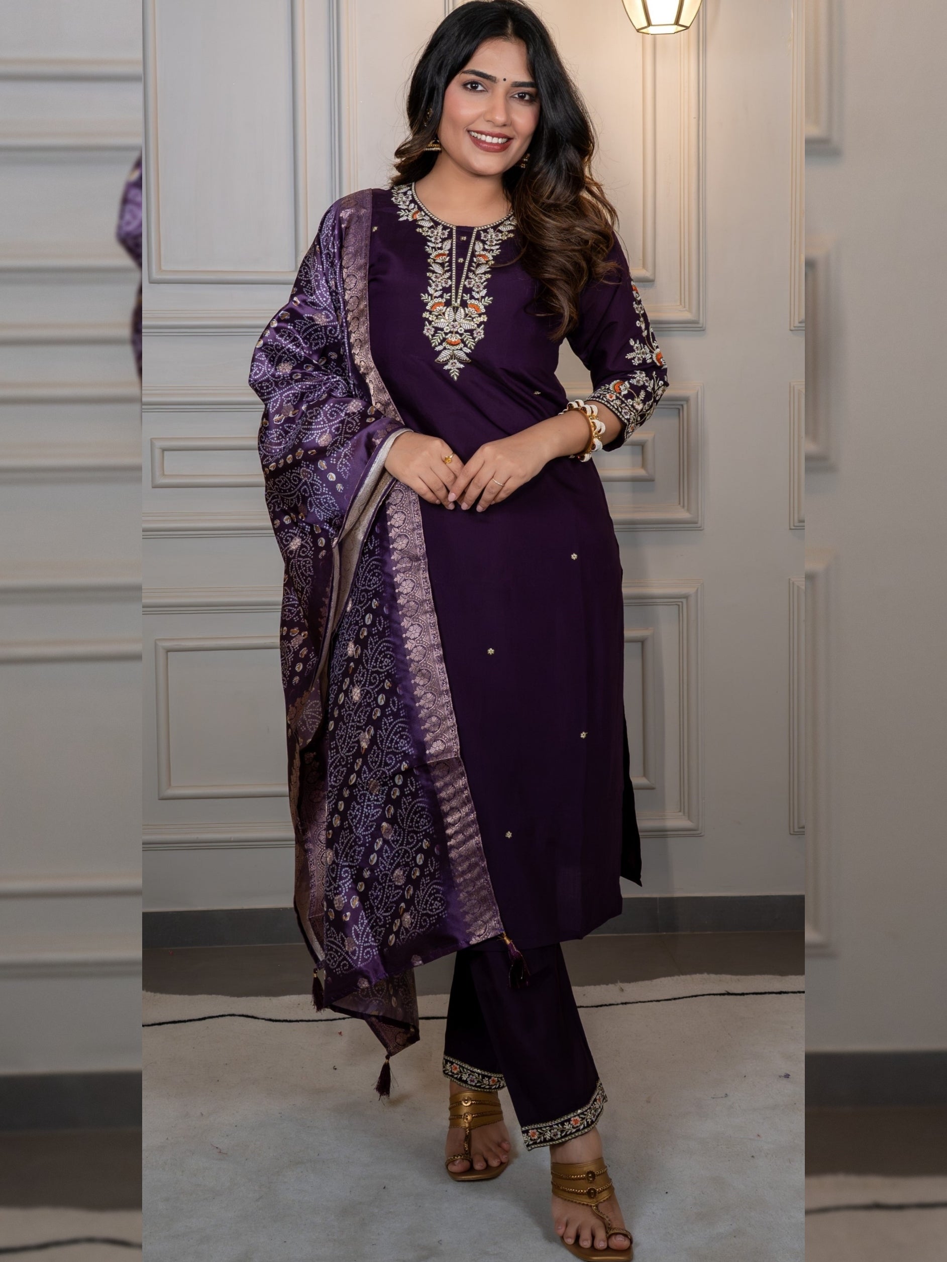 Roman Silk Embroidered Top Bottom Set For Women