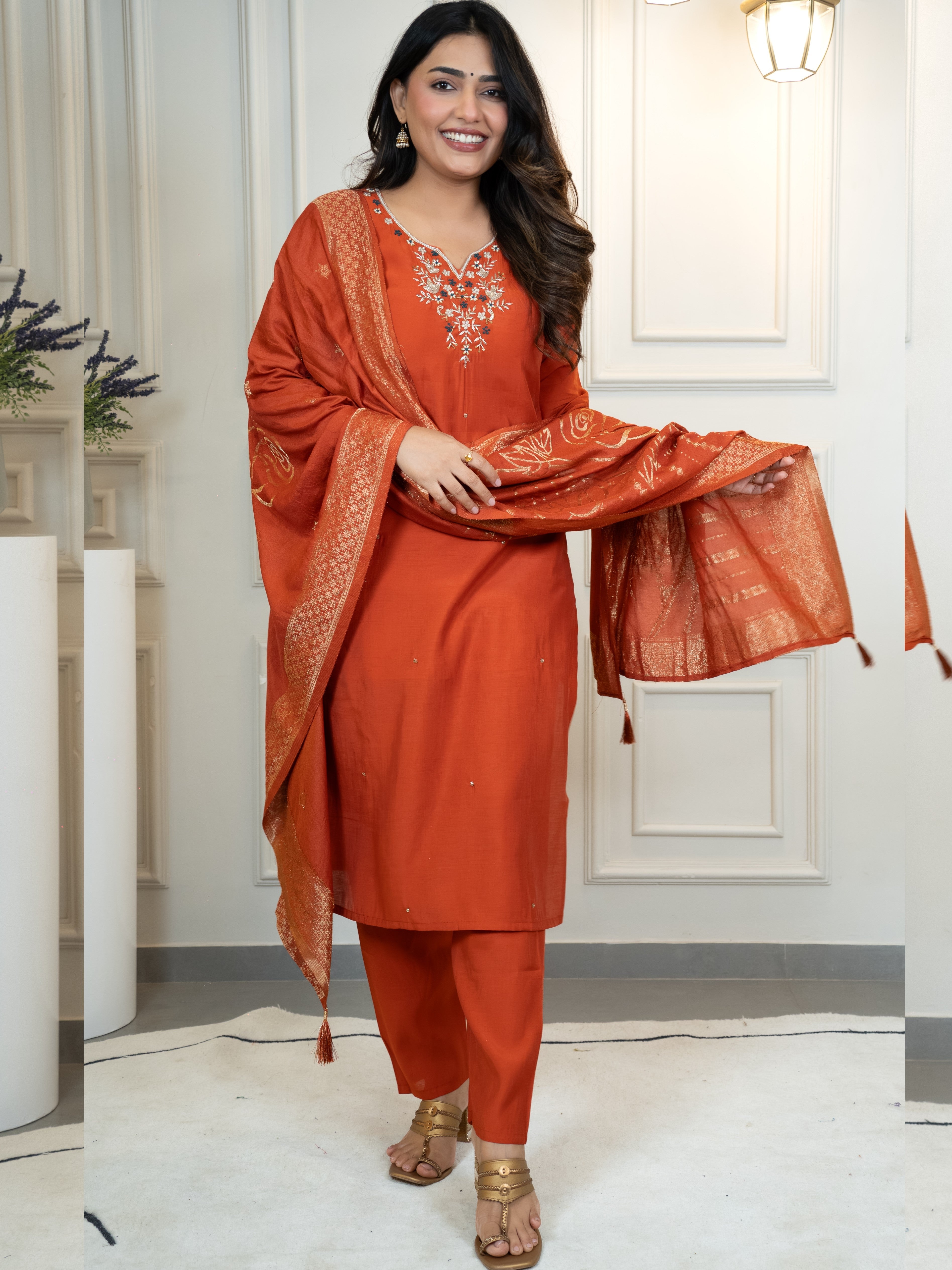 Roman Silk Embroidered Top Bottom Set For Women