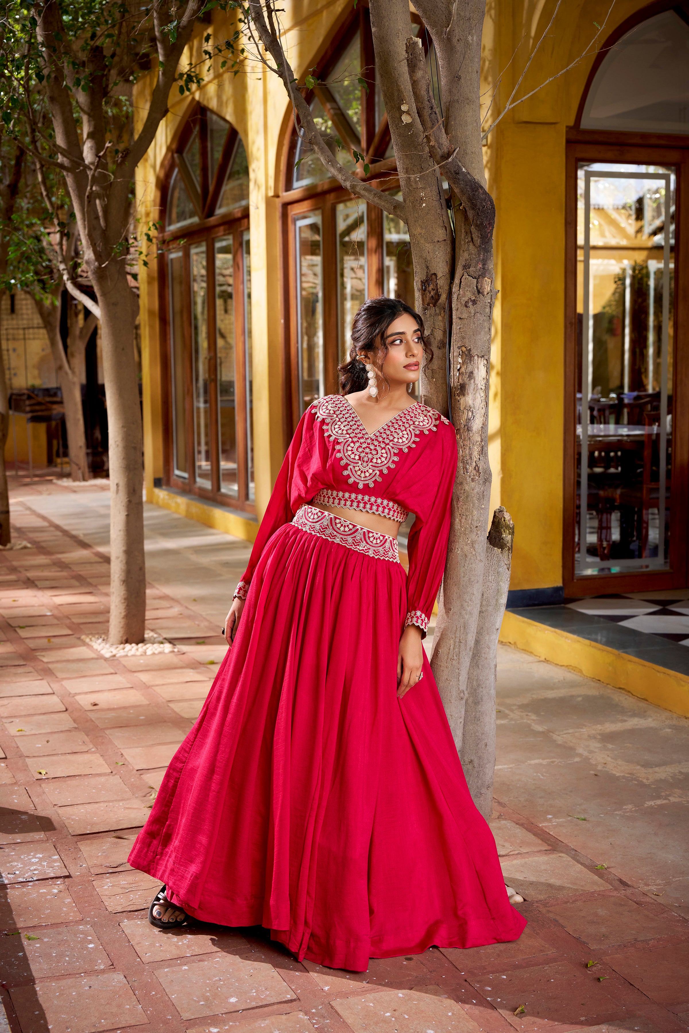 Vichitra Silk Thread Embroidered Lehenga&nbsp;