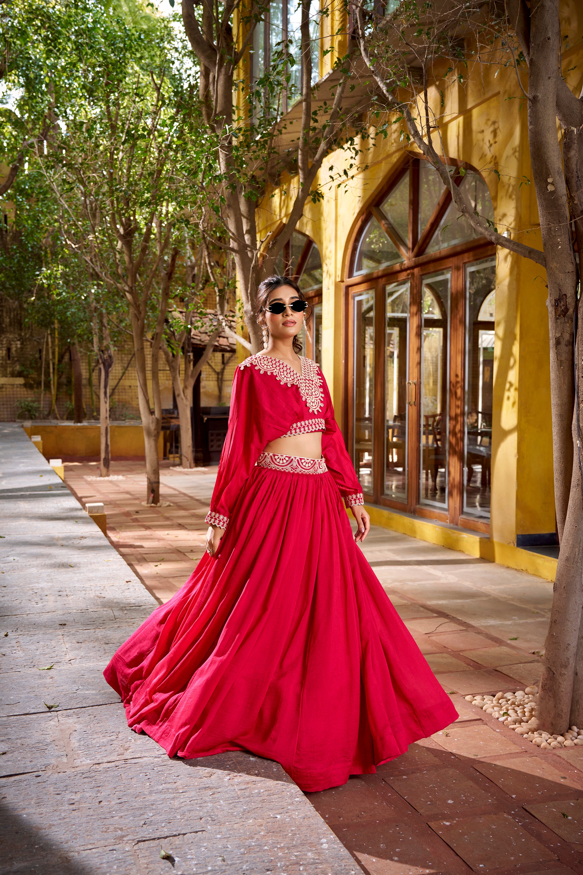 Vichitra Silk Thread Embroidered Lehenga&nbsp;
