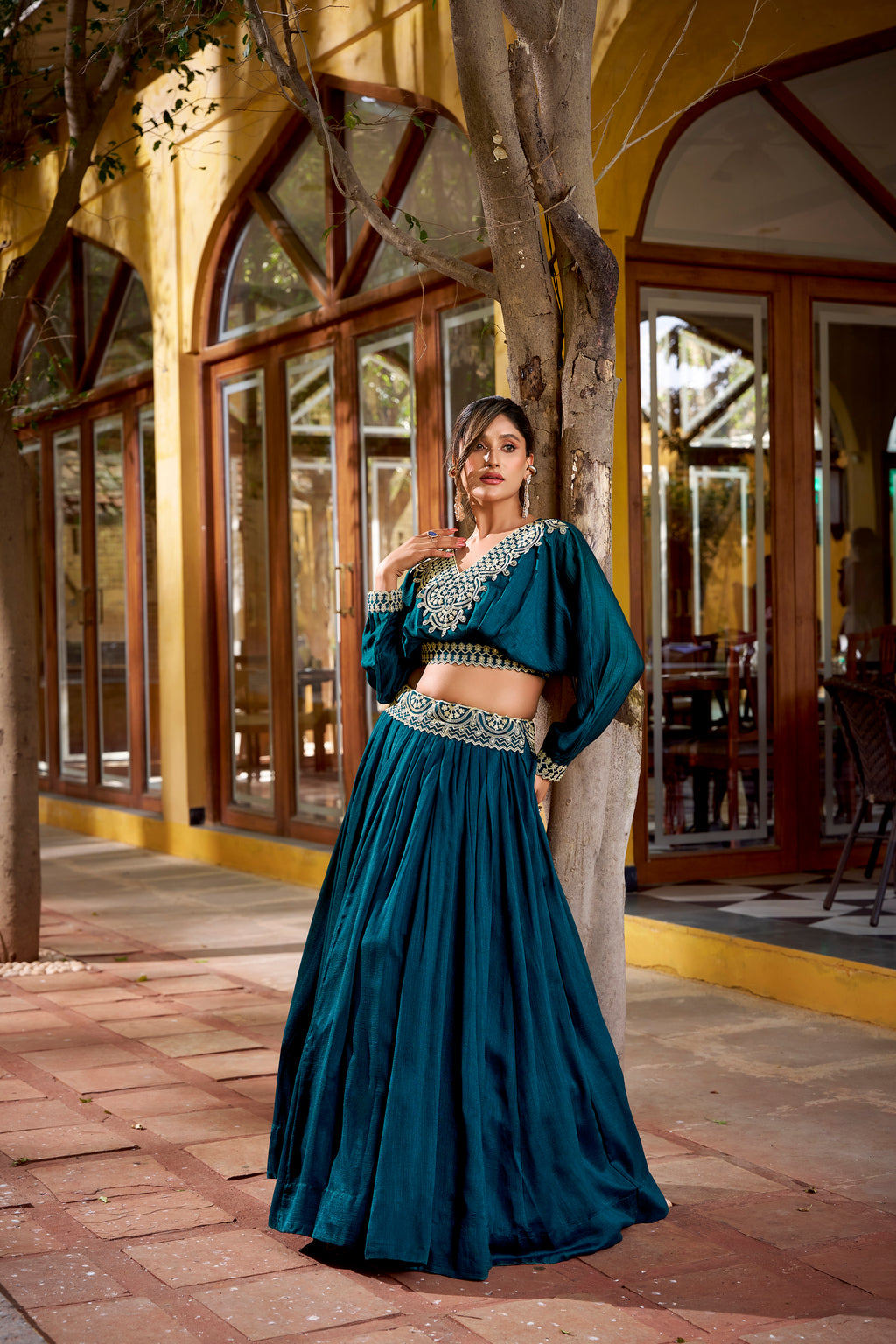 Vichitra Silk Thread Embroidered Lehenga&nbsp;