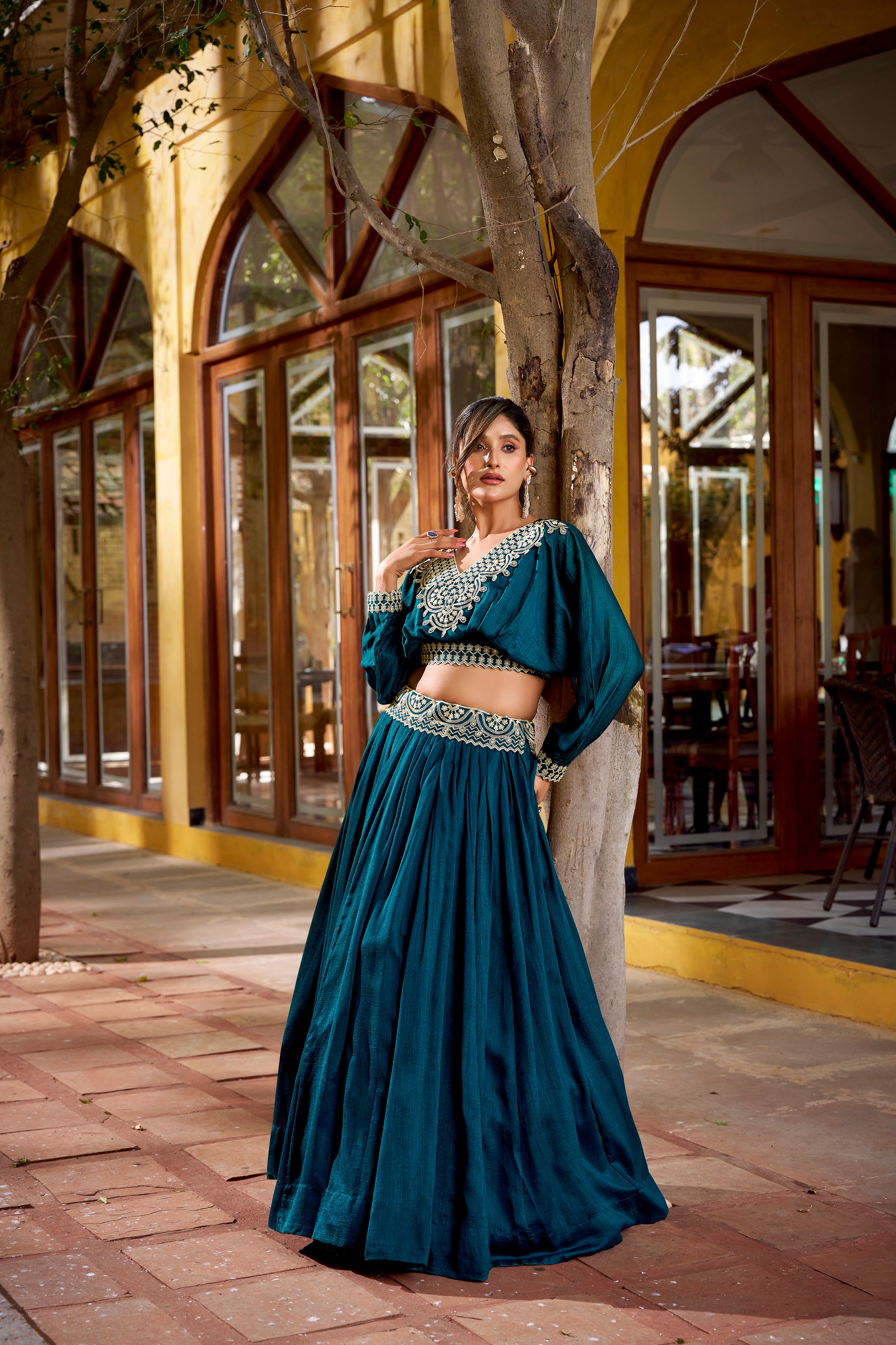 Vichitra Silk Thread Embroidered Lehenga&nbsp;