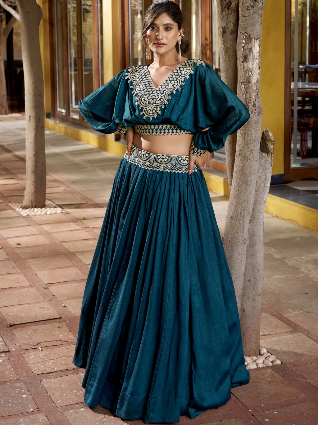Vichitra Silk Thread Embroidered Lehenga&nbsp;