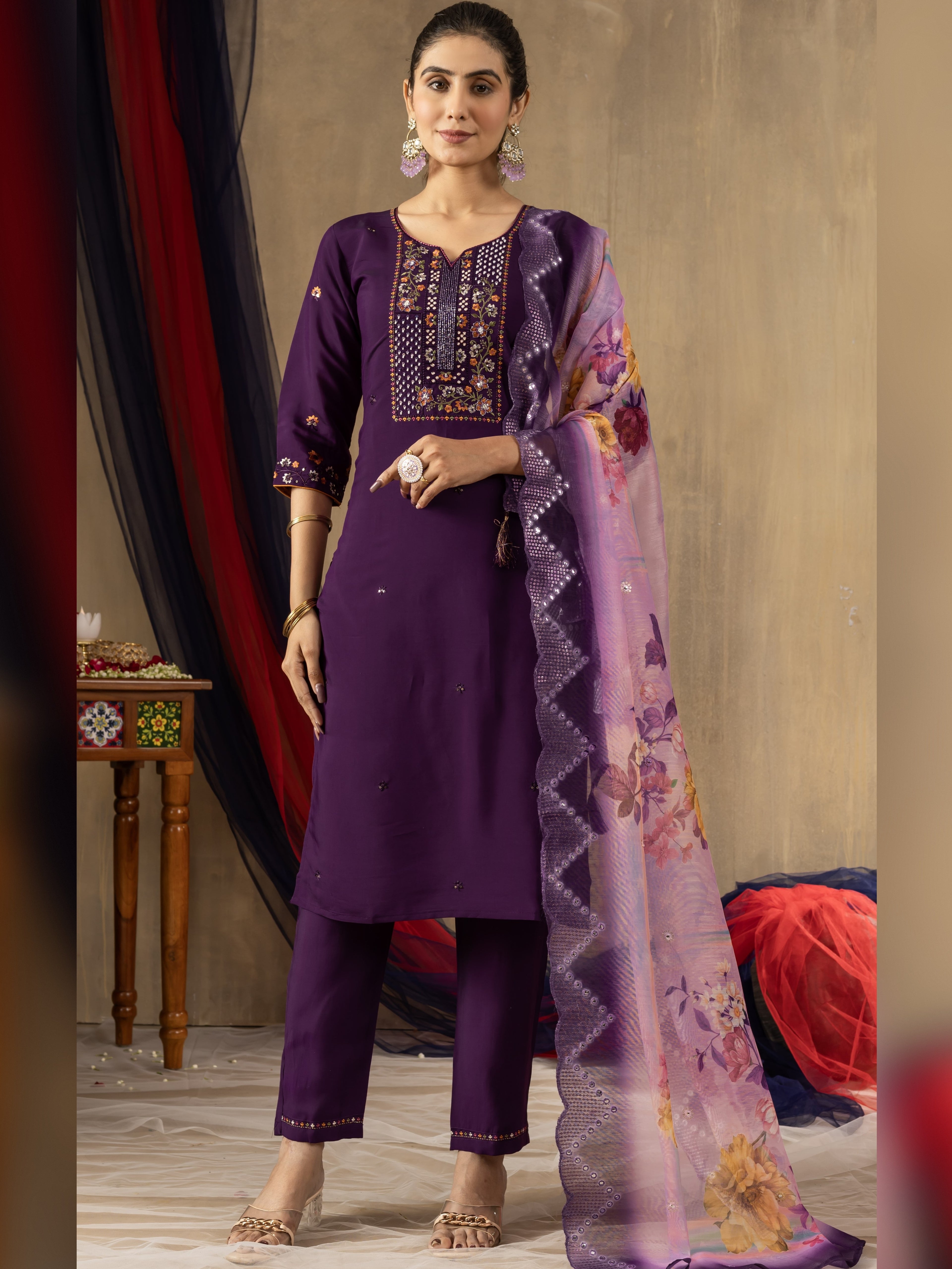 Roman Silk Top Bottom Set For Women