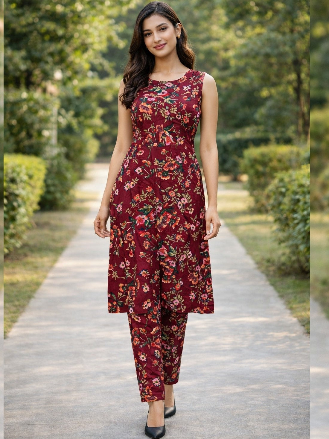 Crepe Floral Printed Kurti-Pant Pair