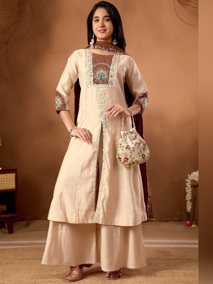 Silk Multi Thread Embroidered Kurti Palazzo With Dupatta