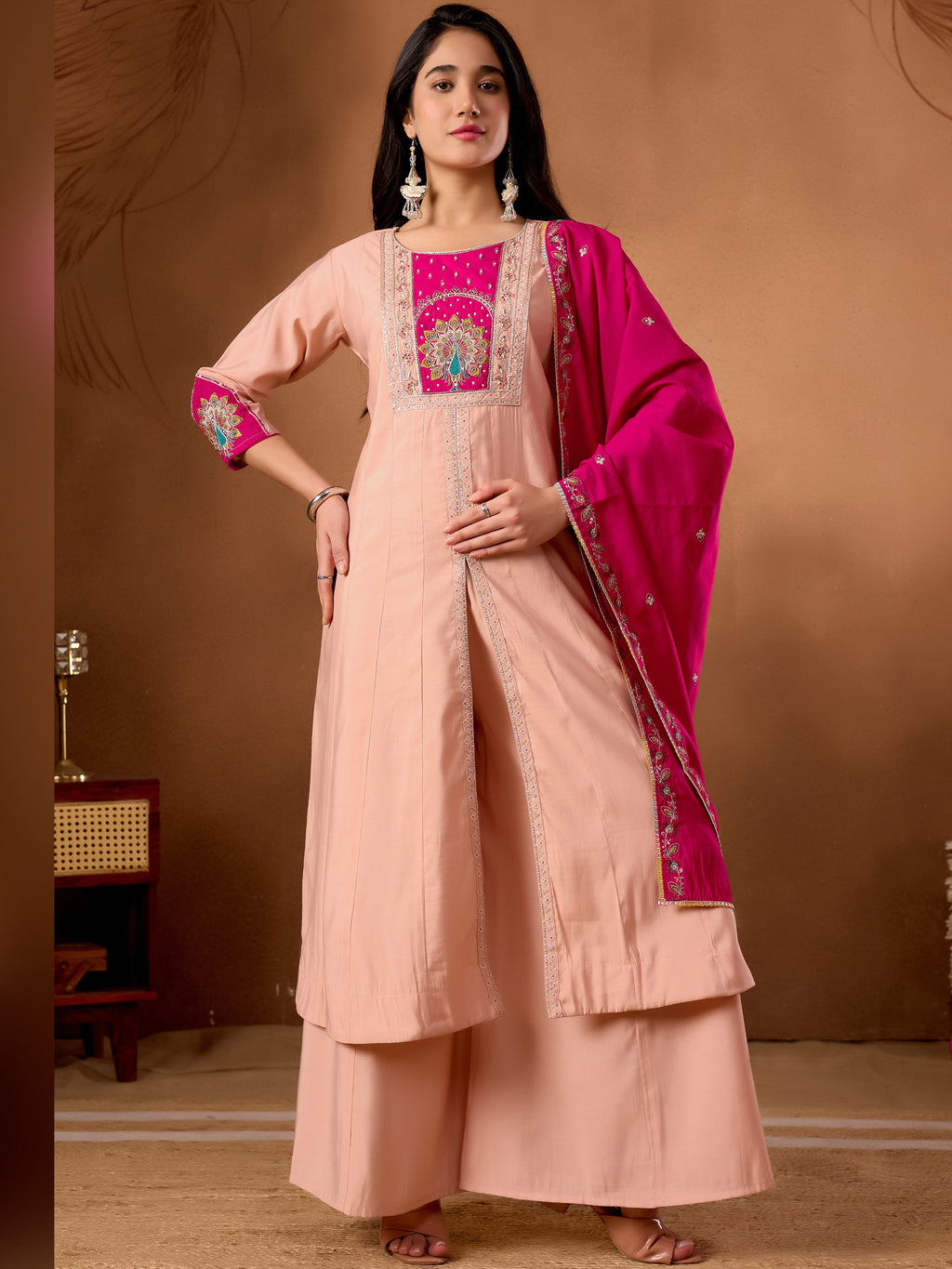 Silk Multi Thread Embroidered Kurti Palazzo With Dupatta