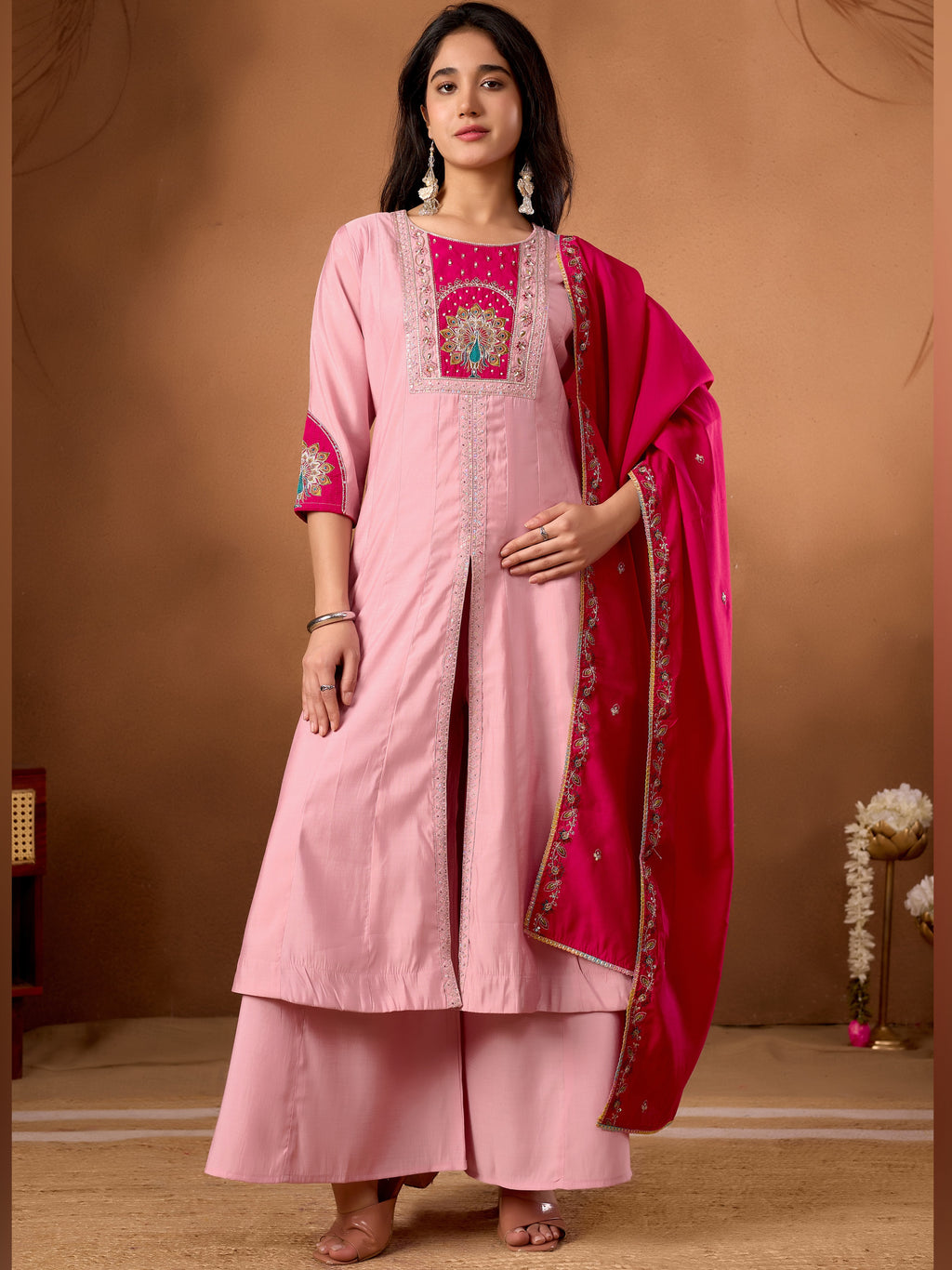 Silk Multi Thread Embroidered Kurti Palazzo With Dupatta