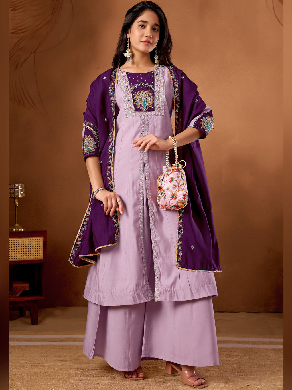 Silk Multi Thread Embroidered Kurti Palazzo With Dupatta