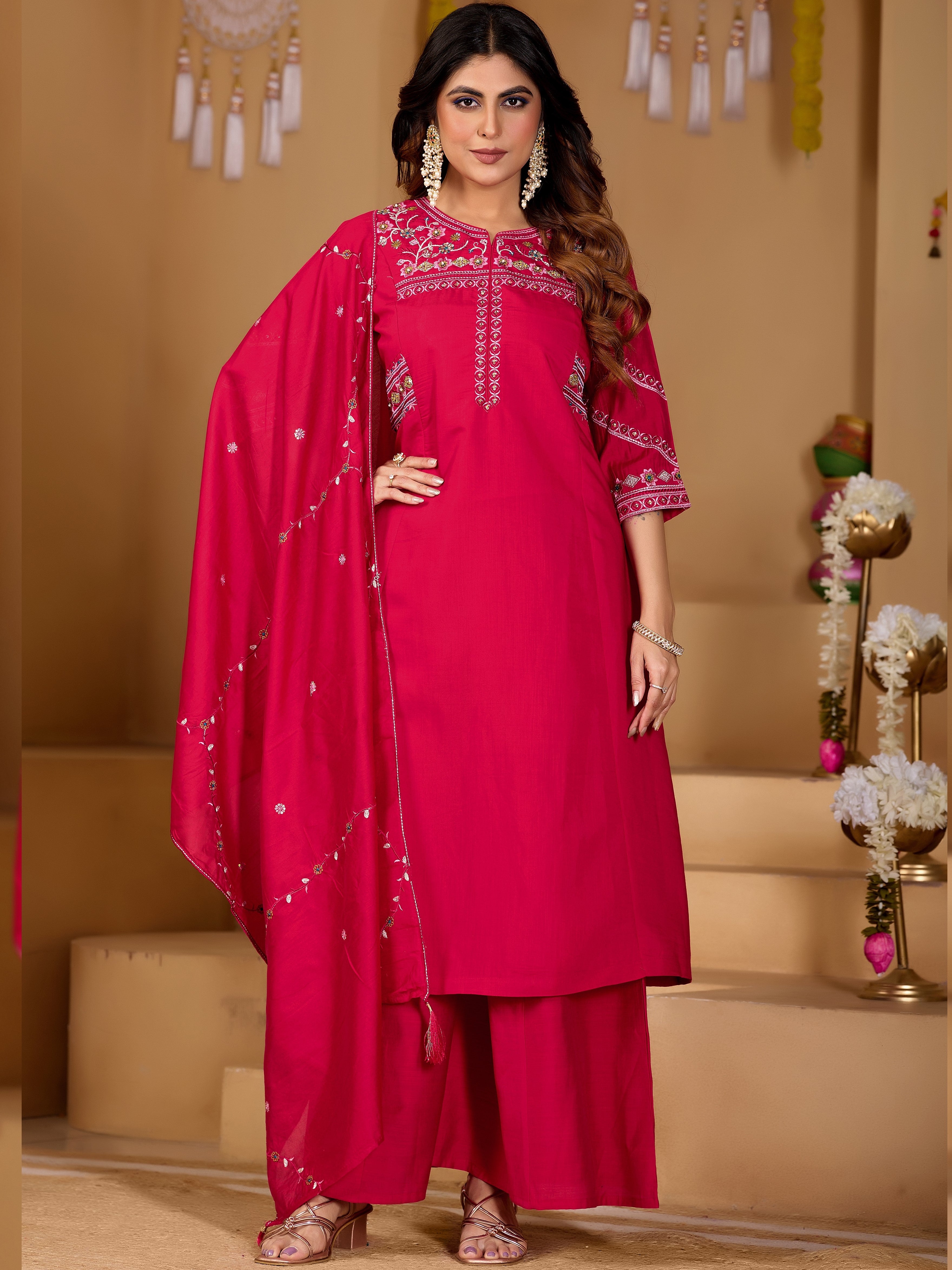 Viscose Multi Thread Embroidered Kurti Palazzo With Dupatta